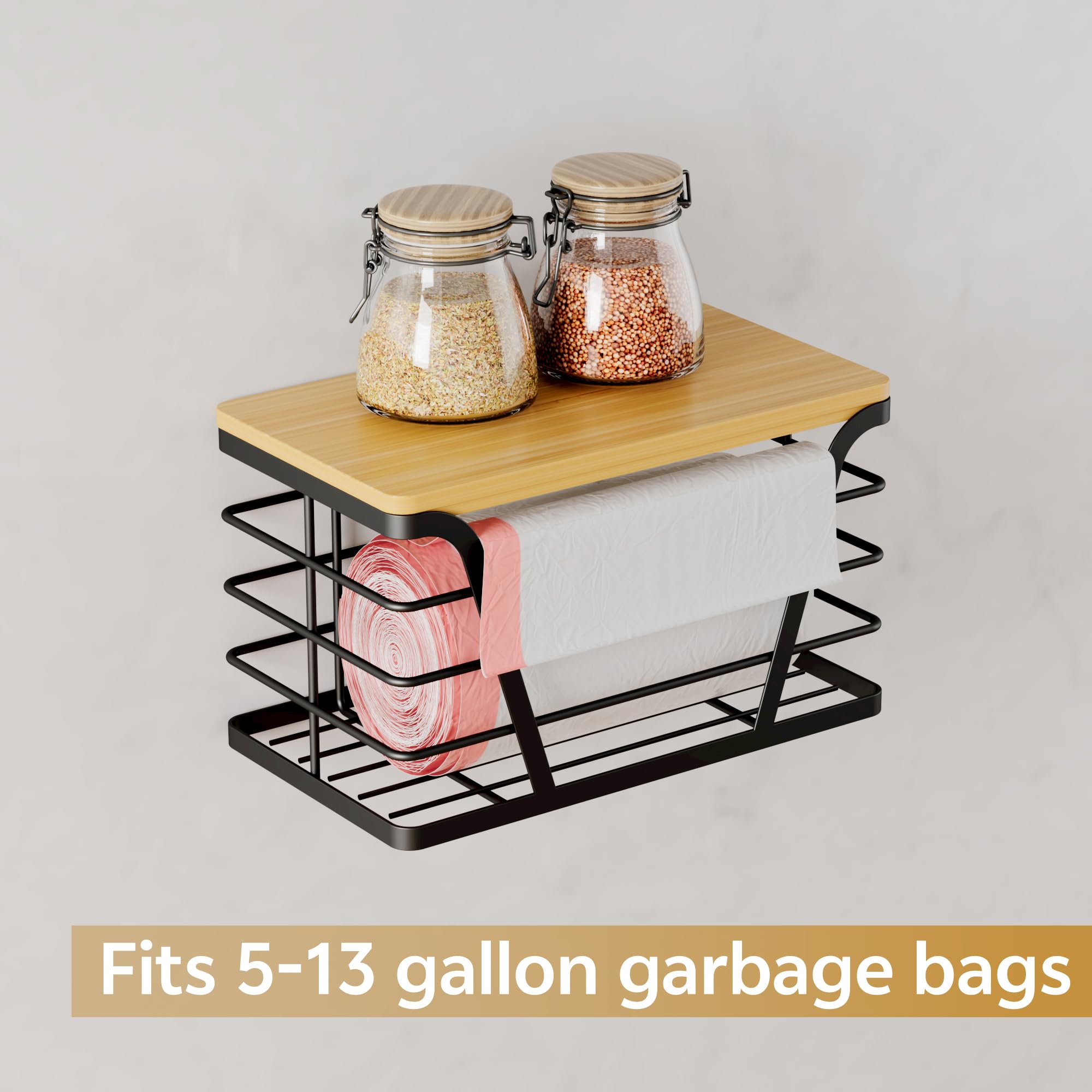 TIDIIABODE Trash Bag Holder/Dispenser,Garbage Bag Dispenser with Bamboo Top for Laundry Room Organization,Stackable Storage Organizer Trash Bag Holder under Sink