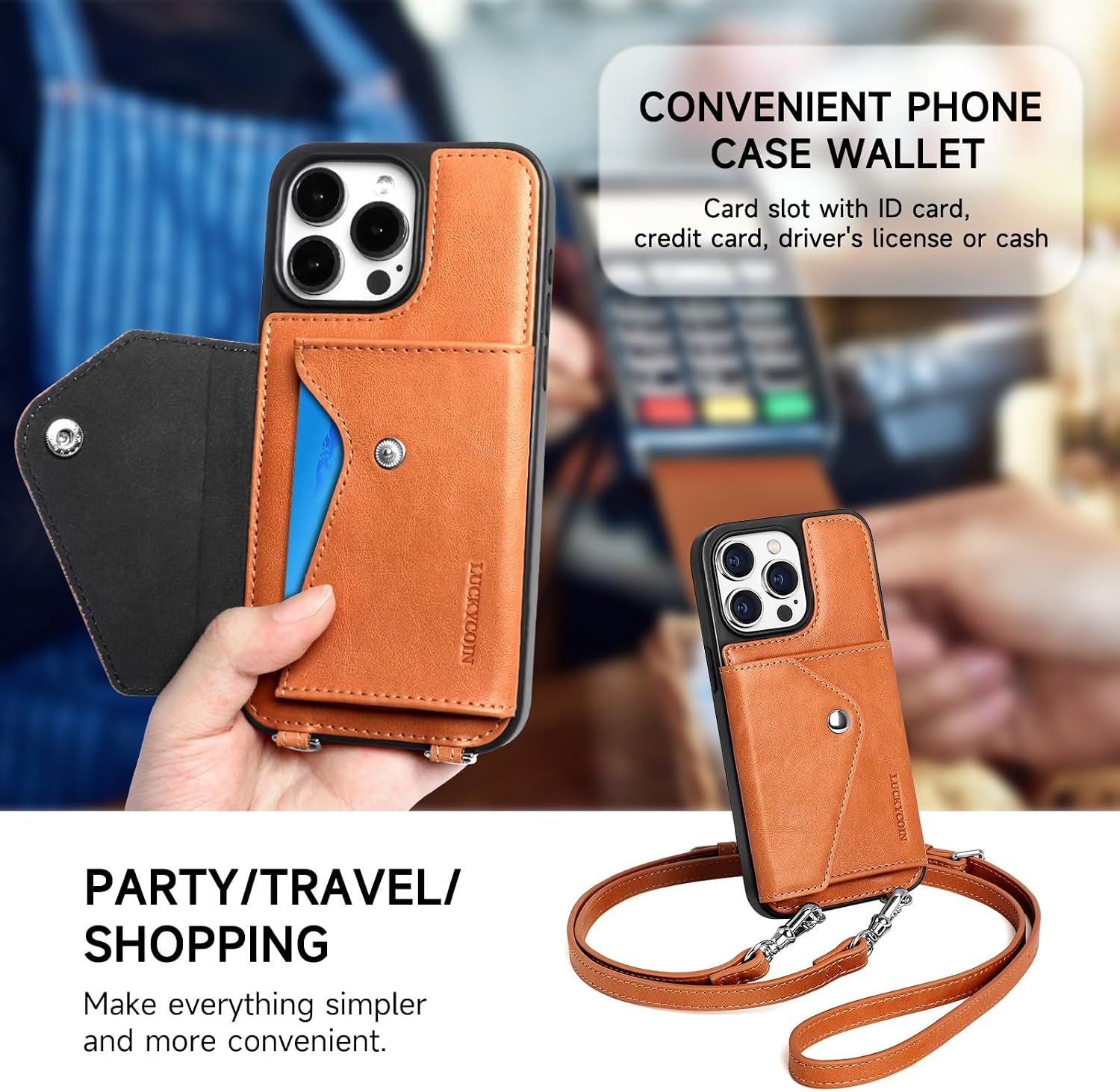 LUCKYCOIN Genuine Leather Crossbody Wallet Phone Case for iPhone 15 Pro Max image 5