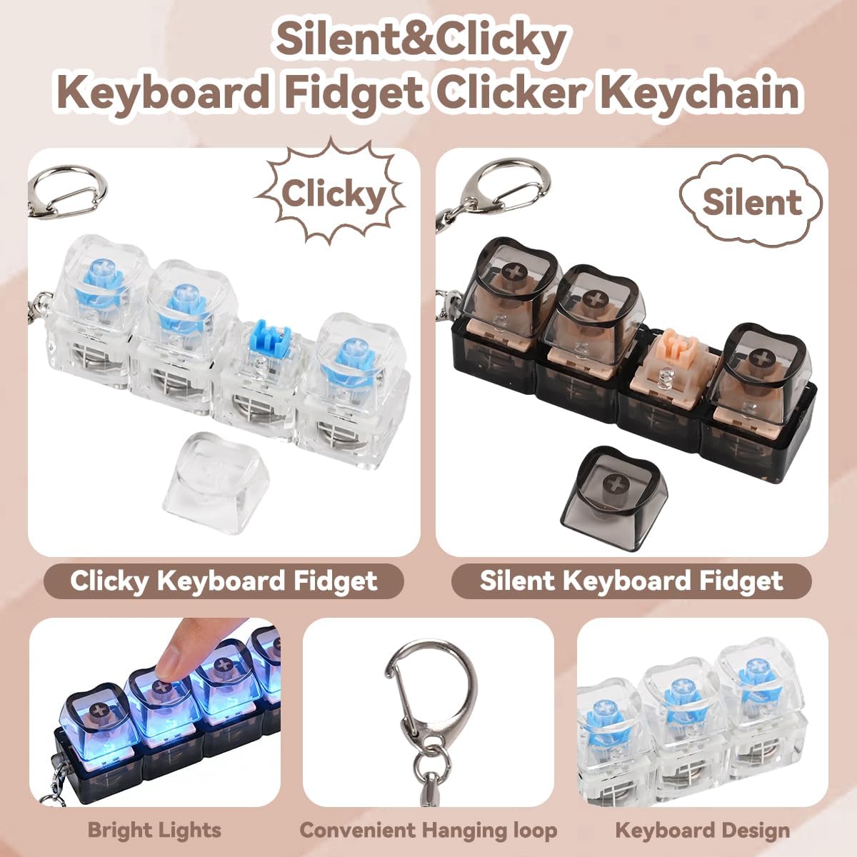 2 Pcs Keyboard Fidget Toy, Loud & Silent Fidget Keychain with LED Lights, Stress Relief Clicker Fidget Keyboard, Boost Focus and Calm Anxiety for Library Office Home (Heart)