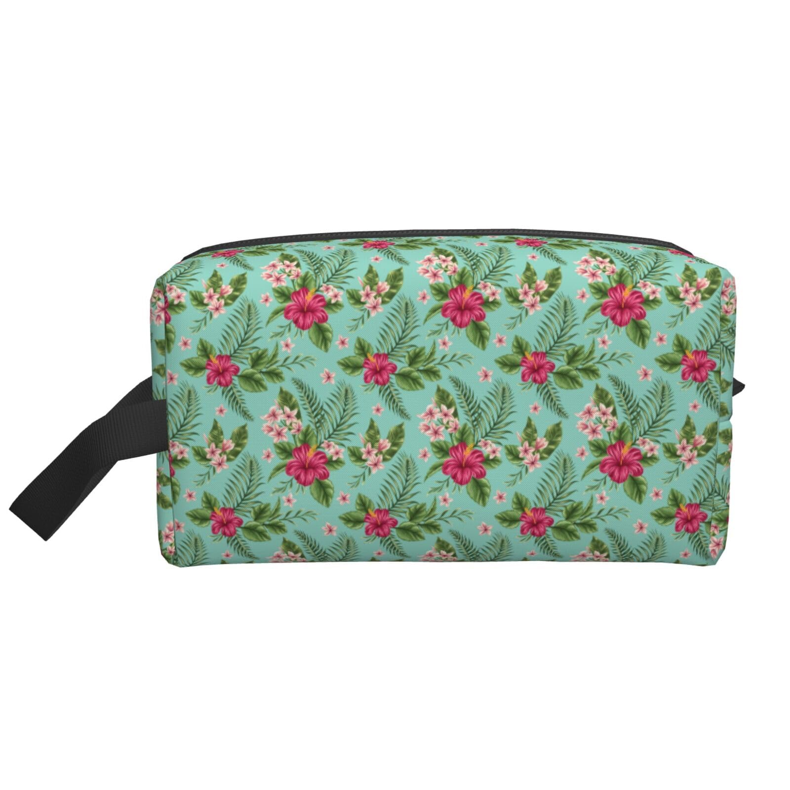 Ercgad Unisex White Hawaiian Tropical Leaves Flowers Print Large Capacity Travel Toiletry Bag Cosmetic Pouch Daily Storage Makeup Case