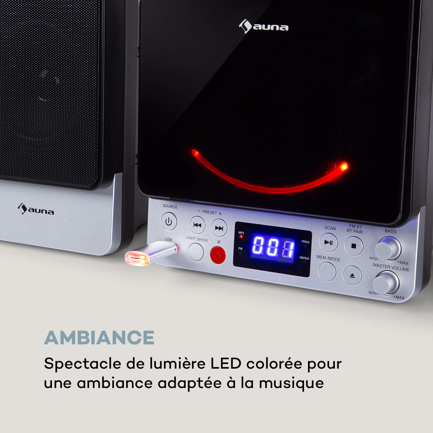 AUNA Microstar Sing - chaîne karaoké Verticale Micro système, Lecteur CD, Bluetooth, Enceintes stéréo, Port USB, Tuner FM, entrée/Sortie vidéo AUX, écran LCD, éclairage LED - Argent