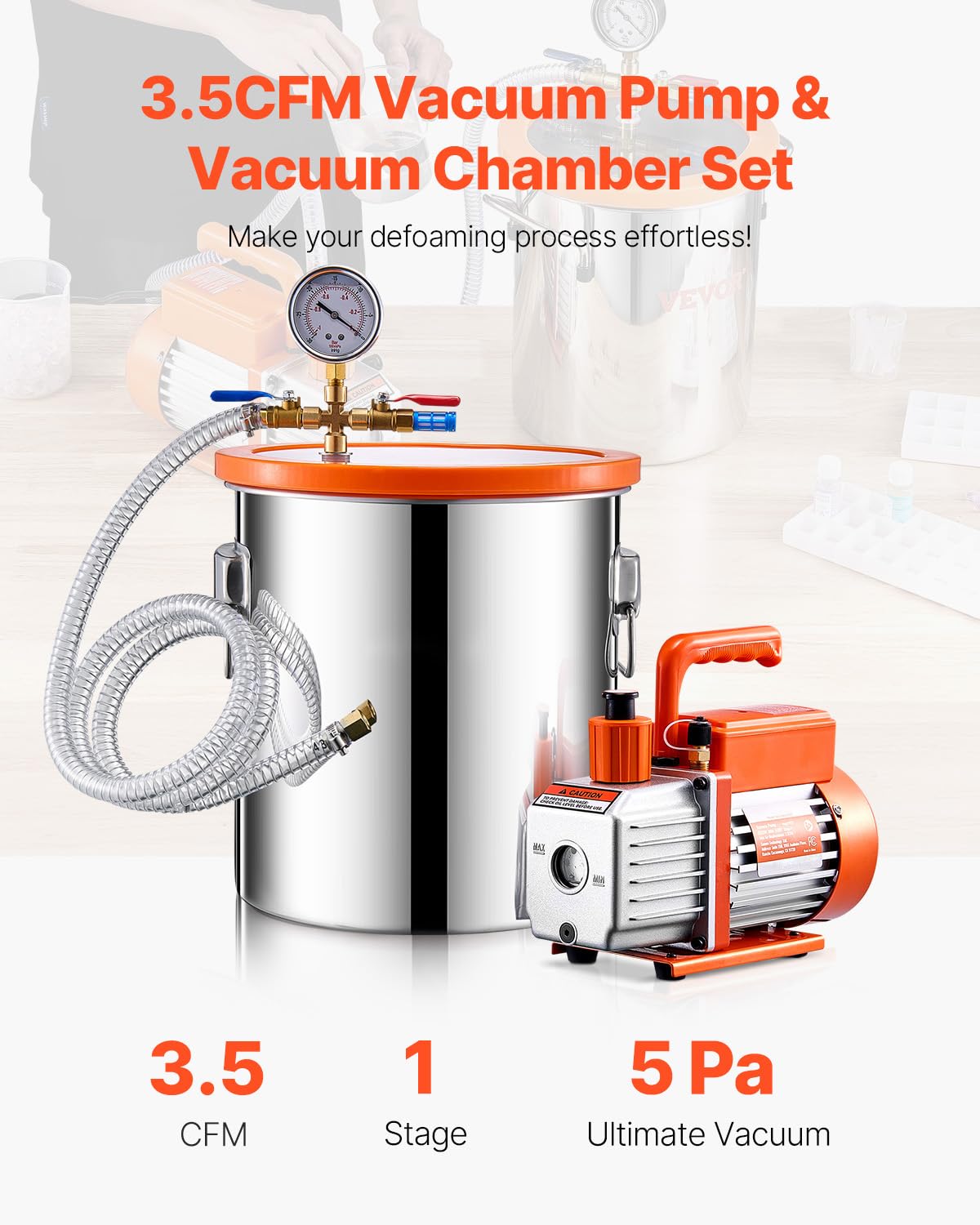 Happybuy 5 Gallon Vacuum Chamber and 3.5 CFM Pump Kit, Stainless Steel Chamber, Single Stage Degassing Chamber Kit with Acrylic Lid, Oil, 4.92 ft Hose, for Degassing Resin Silicone Epoxies