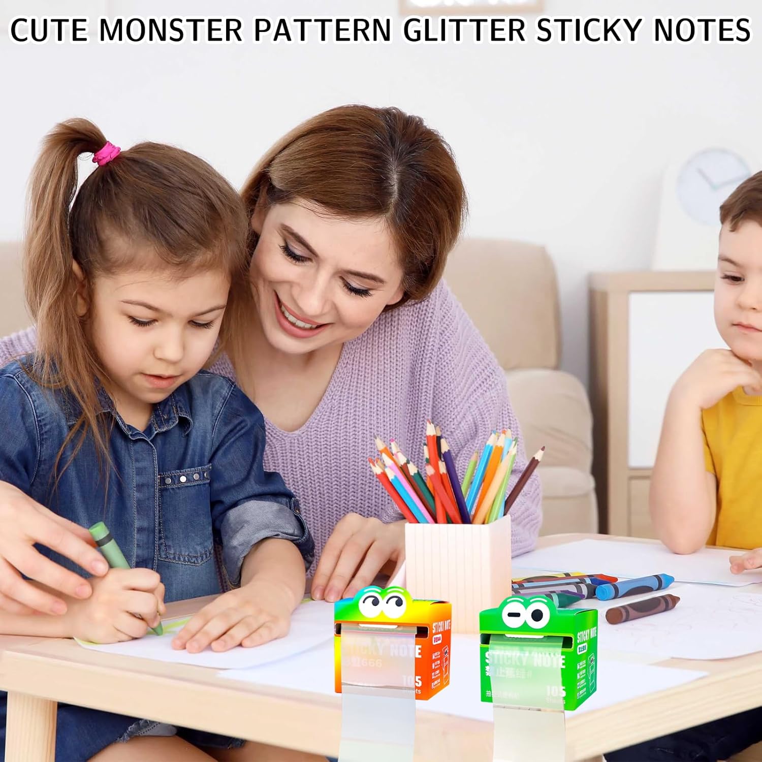 2 Pack Cute Monster Pattern Glitter Sticky Notes -Fun Pastel Pull-Out Memo Pads Office School Supplies,Back to School Gift for Teachers & Students (105 Sheets/Box) - Image 2