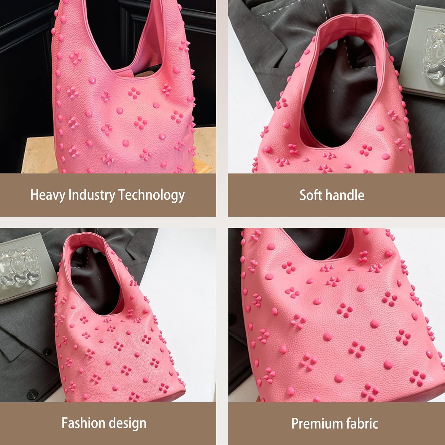 CORIOS Women's PU Leather Handbag Fashionable Stud-Embellished Shoulder Underarm Bag Small Capacity Bucket Top Handle Bag