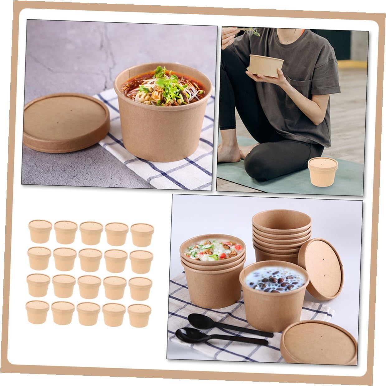 Ipetboom Thickened Kraft Paper Bowls with Lids 8oz Disposable Ice Cream Cups Pudding Containers for Takeout Soup and Dessert 50pcs Food-grade Paper Bowls for Catering and Home Use
