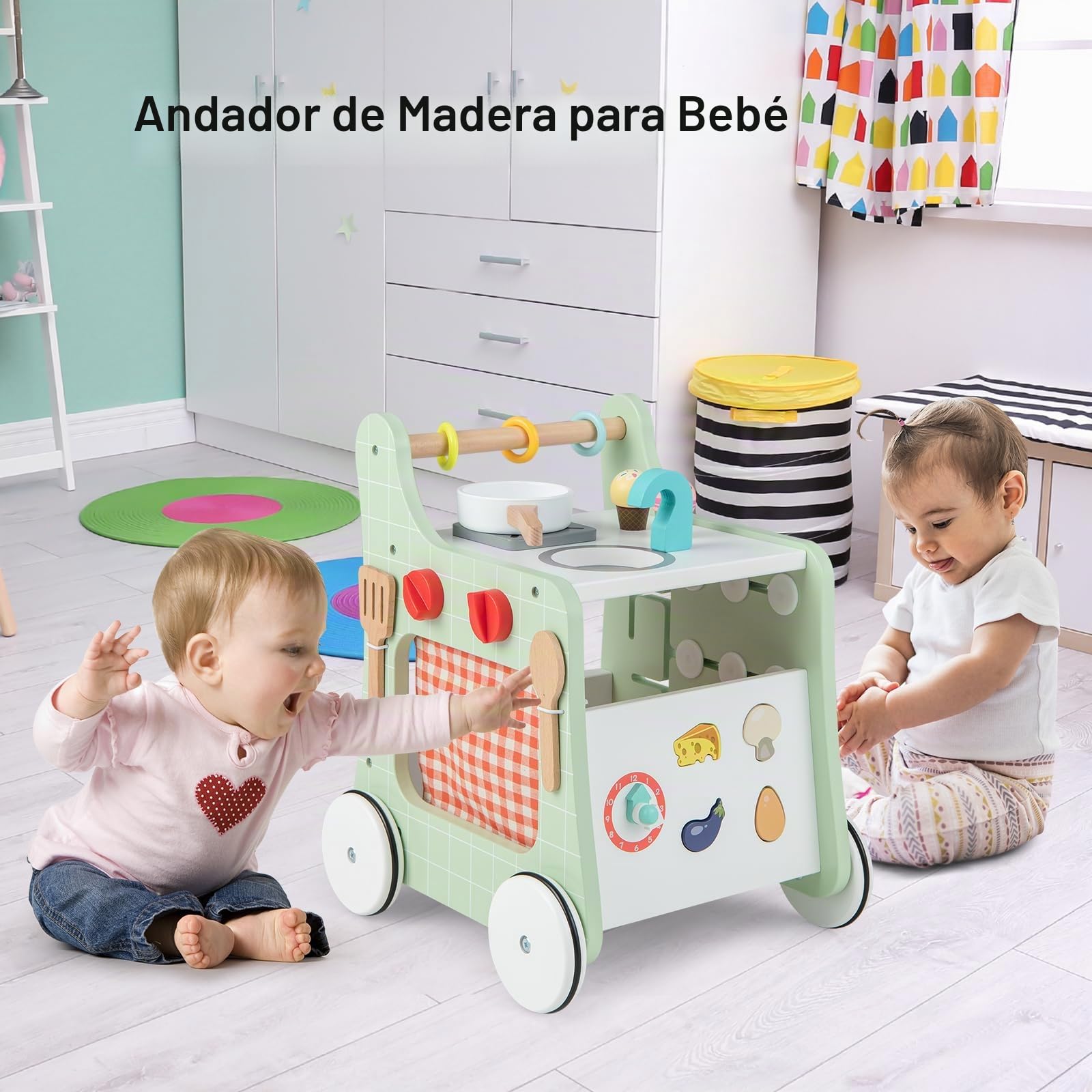 LIFEZEAL Andador para Niños de 1+ Años, Juguete de Cocina para Bebés, Carro de Madera para Empujar con Ruedas Silenciosas, Aprender a Caminar, andador para niño nacido (Verde)