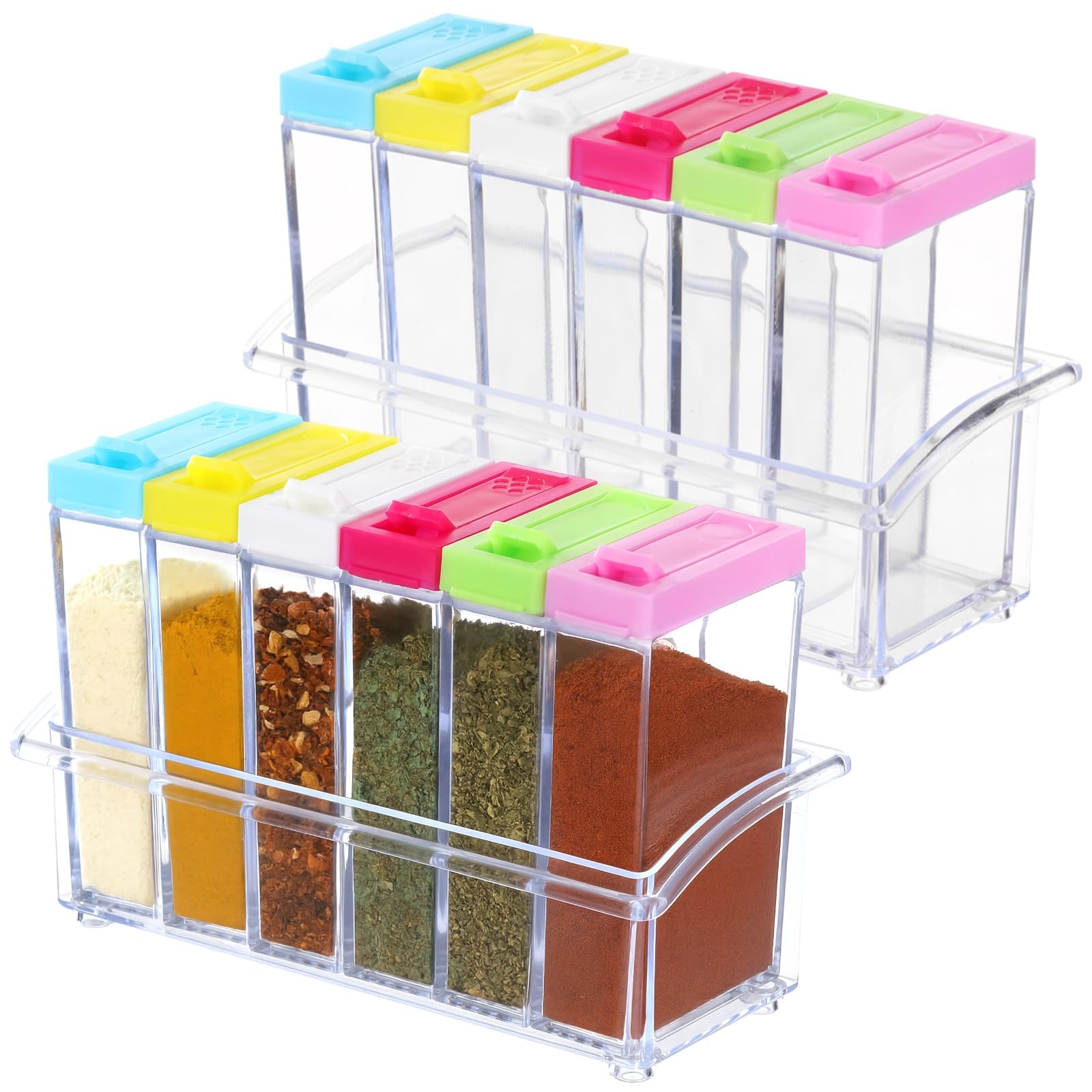 SWEWARM 2 Pack 12 Pcs Spice Shaker Jars, Plastic Seasoning Containers with Dual-Open Lids, Portable Condiment Organizer for Kitchen, Travel, BBQ (15.8 x 9.6 x 6cm)