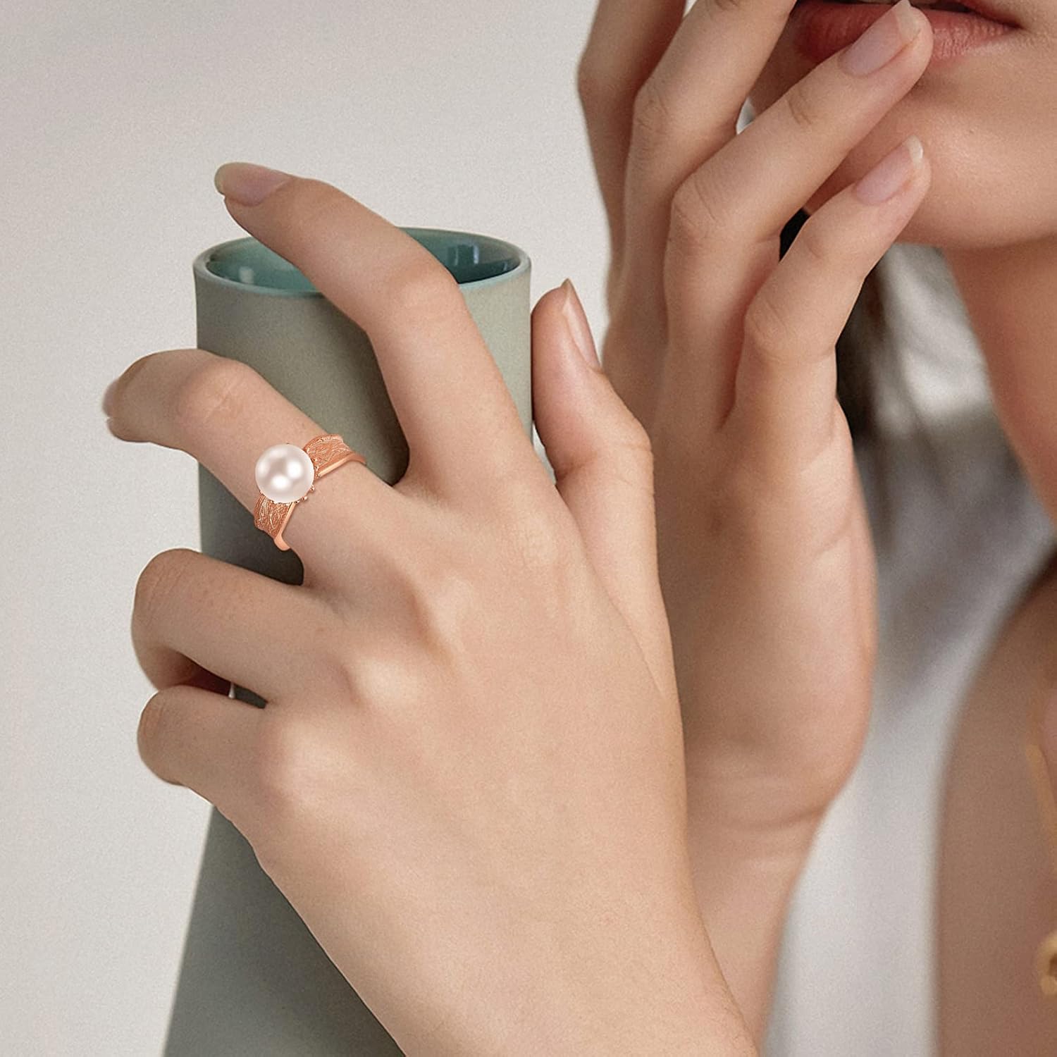 AENEAS Pearl Ring for Women Rose Gold Plated/Gold Plated Sterling Silver Pearl Adjustable Open Rings Jewelry Gifts for Women,Size US 7 to 9 - Image 4