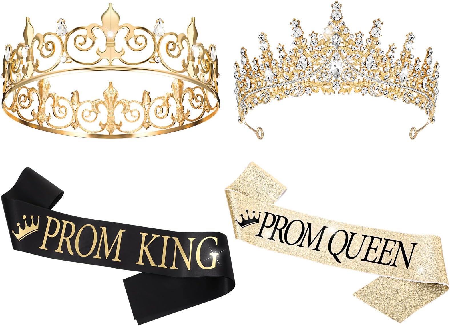 Retrowavy Prom King and Queen Sash Crowns Tiara Set for Birthday Party Adults Cosplay Decor(Golden Colors)