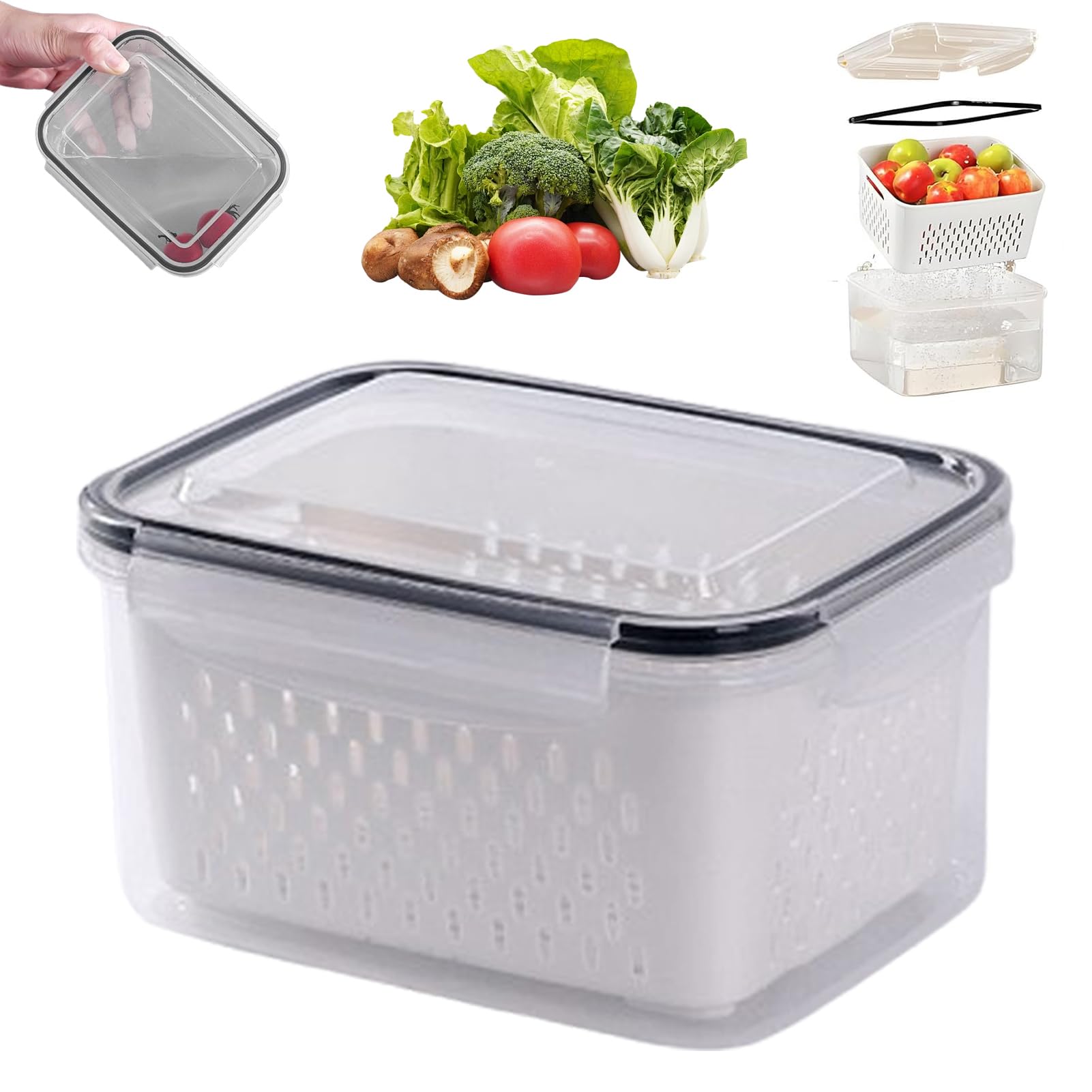 4-in-1-Frischhaltedose mit Deckel und Ablaufkorb, transparente Organizer für Speisekammer und Kühlschrank, tragbare Obst- und Gemüse-Aufbewahrungsbox