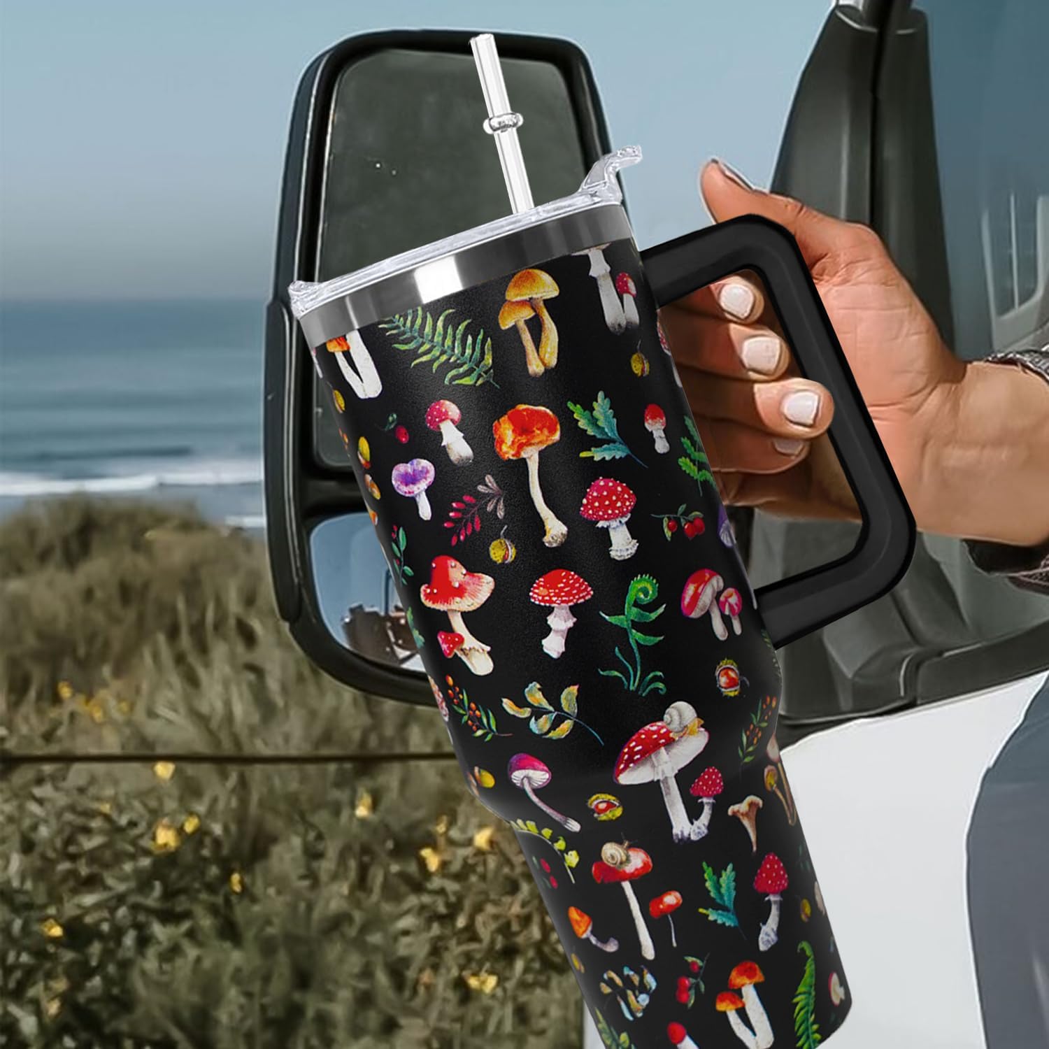 Ceovfoi 40 Oz Mushroom Tumbler With Handle,Mushroom Coffee Travel Mug Cup Water Bottle,Mushroom Decor,Mushroom Gifts for Women - Image 4