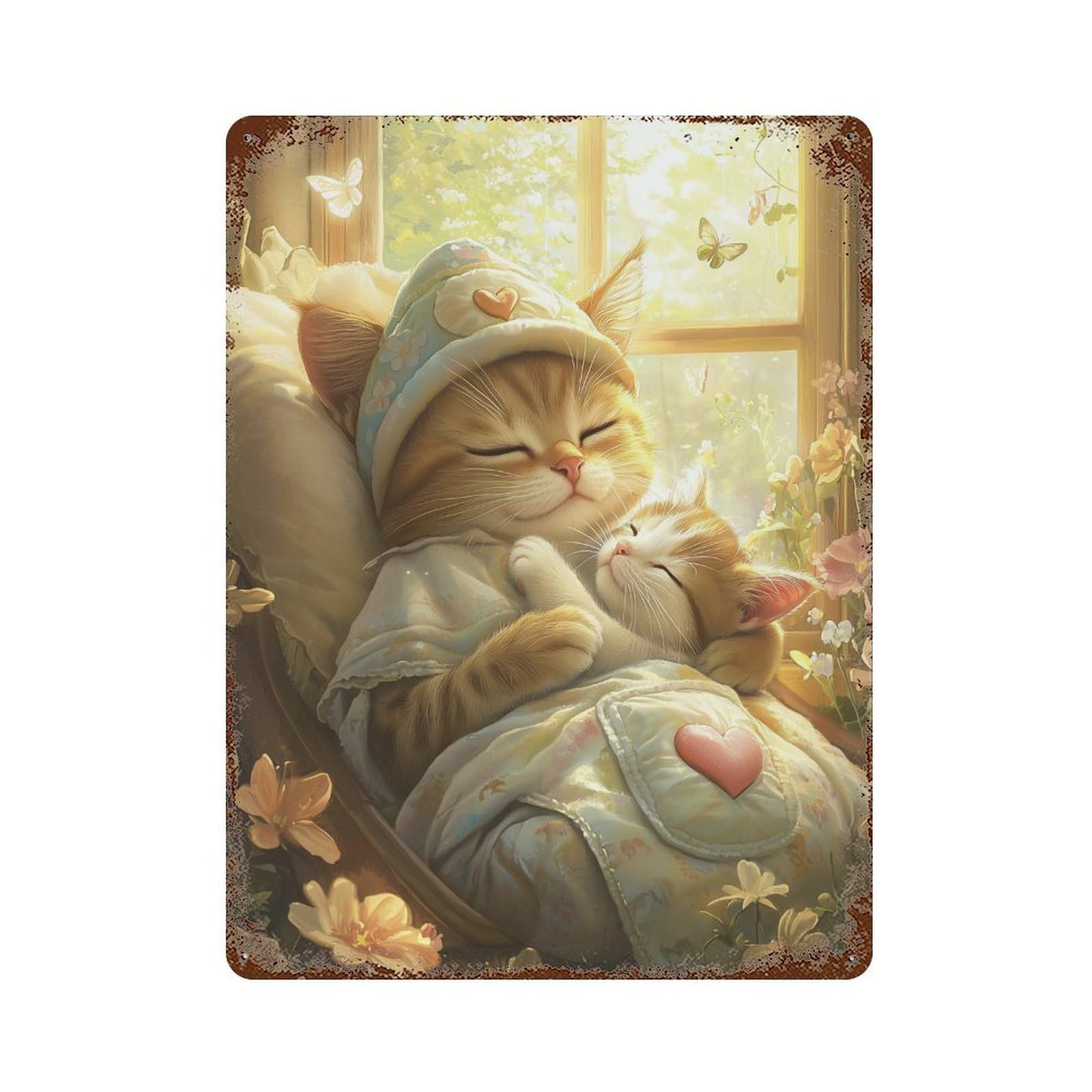 Aged Metal Wall Plaque with Cozy Cats in Sunlit Window Design 15.7"x11.8", for Shed, Workshop And Garage Wall Decor, Decorative Metal Wall Art