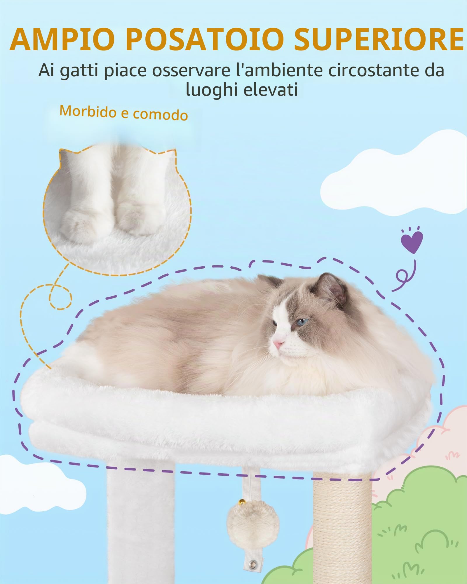 Hzuaneri 130 cm Tiragraffi, Torre per Gatti, 2 Cucce per Gatti con Letti Imbottiti, Grandi Piattaforme, Tiragraffi in Legno, Marrone Vintage MS13201WT