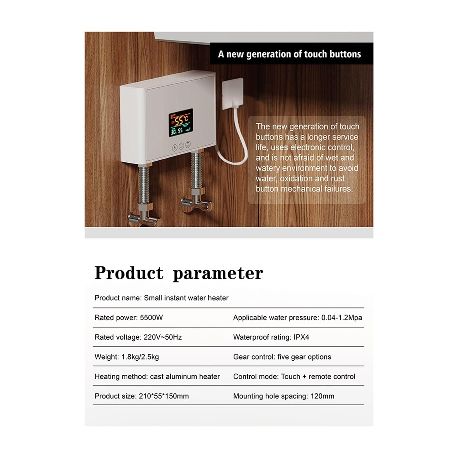 Scaldabagno Elettrico Istantaneo, Mini Scaldabagno Elettrico LCD 5500W Senza Serbatoio Istantaneo Bagno Di Casa Doccia Acqua Calda Riscaldamento Rapido Telecomando per RV Cucina Bagno(WHITE,220 3000W)