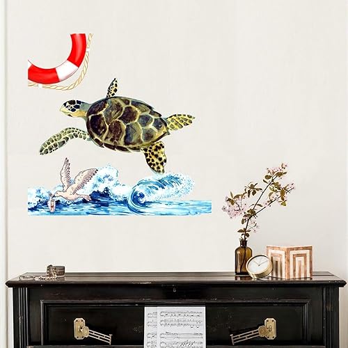 Miniatura 4 de Calcomanías de pared con temática náutica de océano, playa, tortuga marina subacuática, textura azul personalizada, paisaje marino, puertas