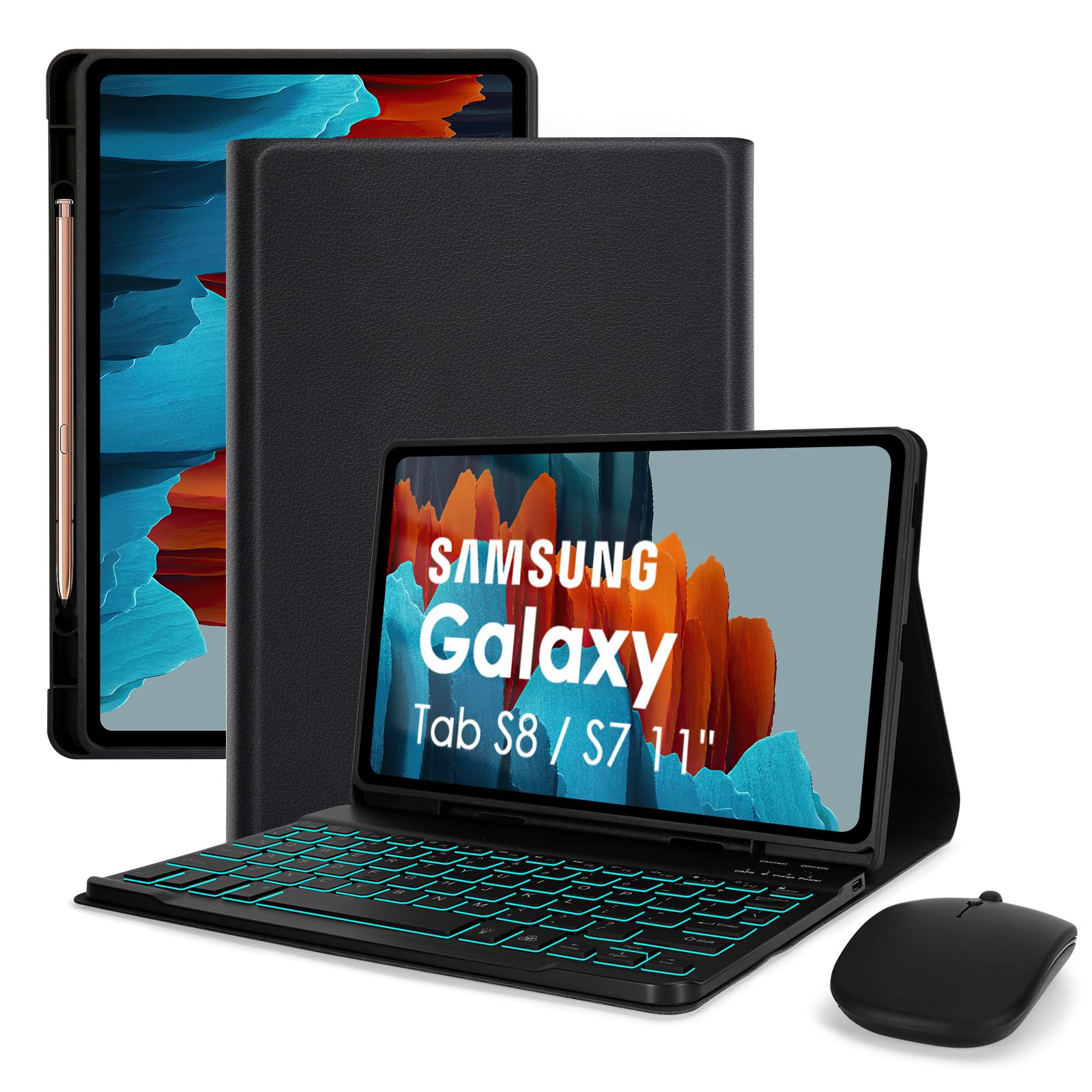 LAMA Backlit Keyboard Case with Mouse for Samsung Galaxy Tab S10 Lite/S10 FE/S9 FE 10.9'', Thin Case with Keyboard&Mouse for Galaxy Tab S9/S8/S7 11'', Detachable Wireless, Built-in S Pen Holder,BK