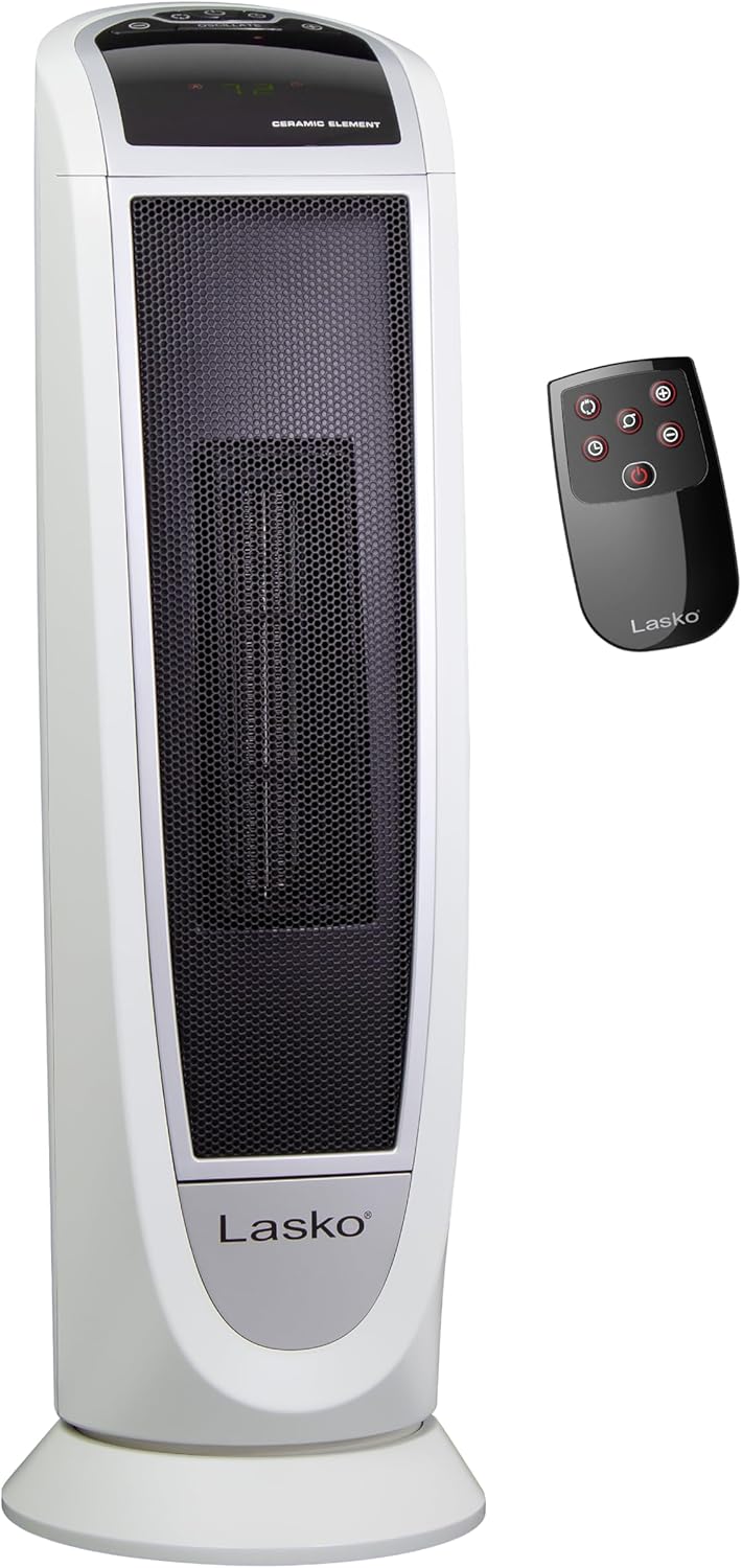 Lasko Oscillating Digital Ceramic Tower Heater for Home with Overheat Protection, Timer and Remote Control, 22.75 Inches, 1500W, White, 5165, Medium