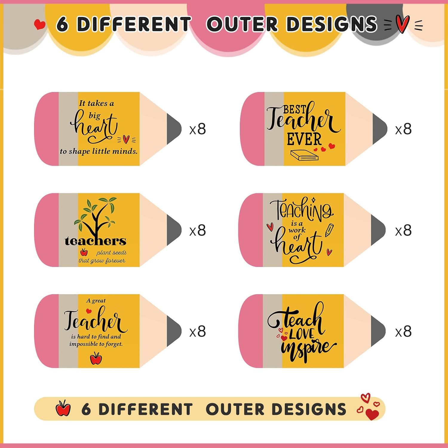 Spakon 48 Sets Teacher Appreciation Gifts Teacher Thank You Cards Bulk with Envelope and Sticker Pencil Shape Cards Inspirational Thank You Note, 6 Styles
