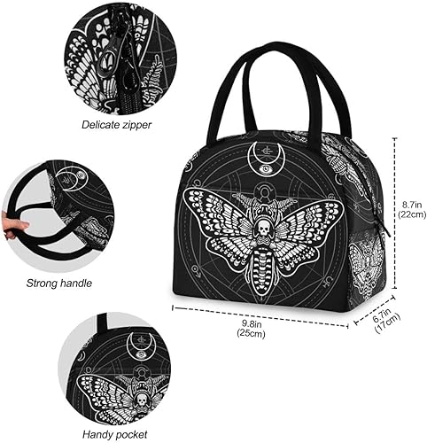 Miniatura 4 de MNSRUU Bolsa de almuerzo para mujeres y hombres, bolsa de almuerzo térmica reutilizable con diseño de polilla de calavera negra, bolsa enfriadora