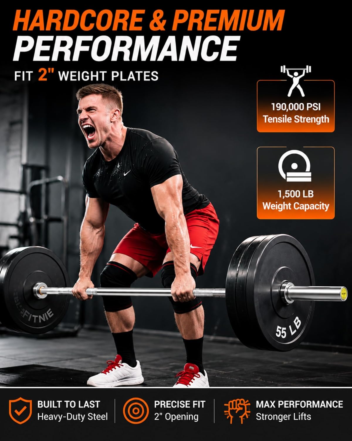 7ft Olympic Barbell 20kg/44Lbs, 1000LB/1500LB Weight Capacity, 190K PSI High Tensile Strength Weightlifting Bar with 2-Inch Sleeves & 8 Needle Bearings for Home Gym Strength Training