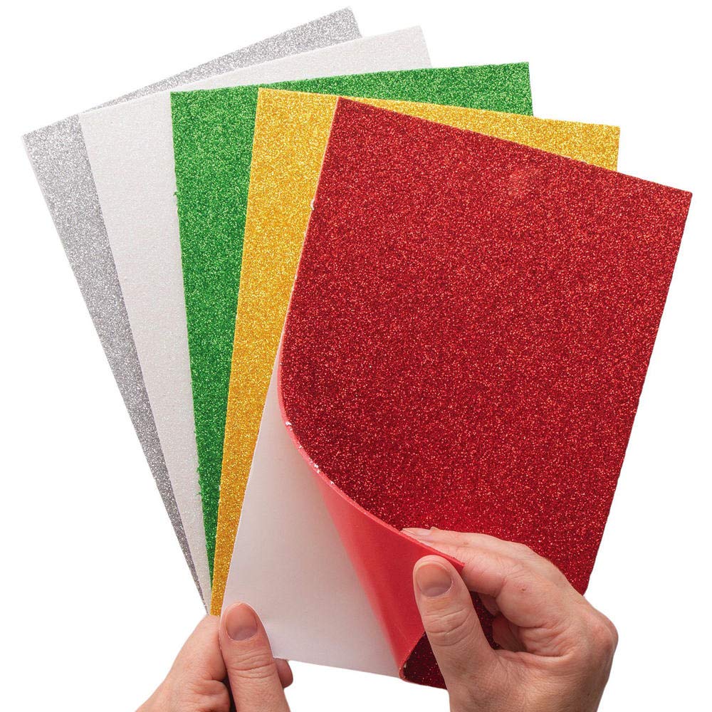 Baker Ross AX305 Christmas Glitter Foam Sheets - Pack of 10, Self Adhesive Creative Art Supplies for Kids, Seasonal Crafts and Decorations
