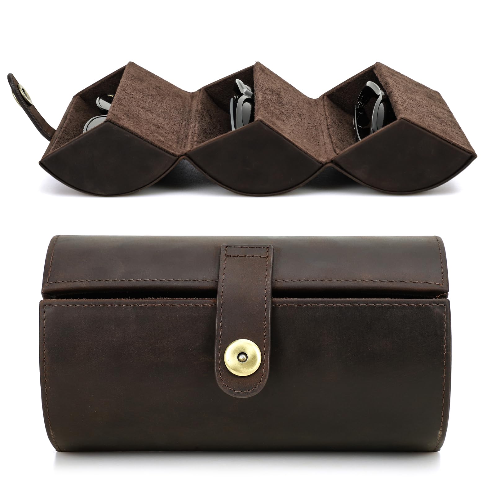 CONTACT'S FAMILY Sonnenbrillen-Aufbewahrungsbox, echtes Leder, faltbarer Brillen-Organizer (3 Fächer), coffee, One size