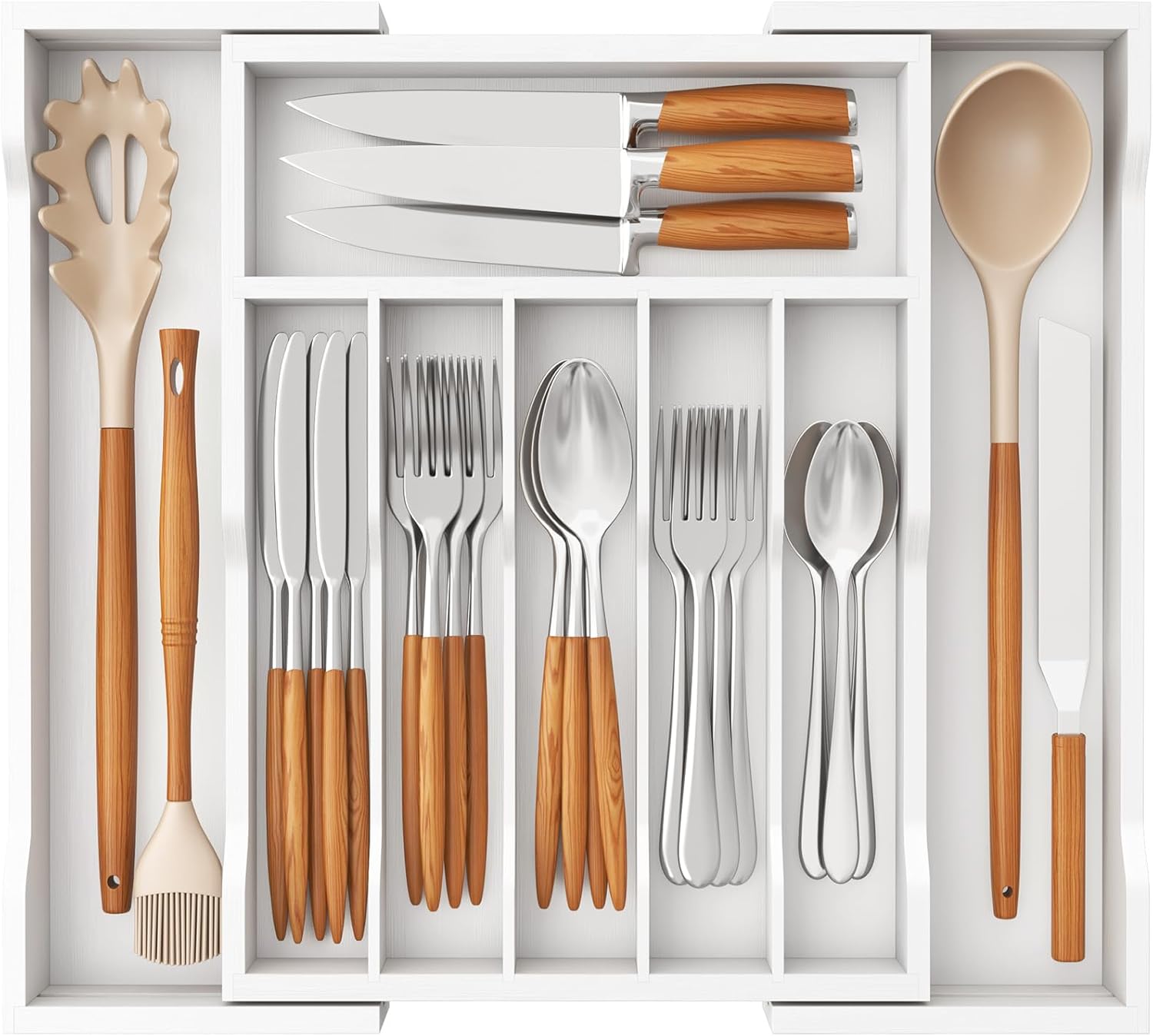 Lifewit Silverware Drawer Organizer, Expandable Utensil Tray for Kitchen, Bamboo Flatware and Cutlery Holder, Wood Adjustable Storage for Spoons Forks Knives, Large, White White 22.4 x 15x 2 inches(8 Slots)
