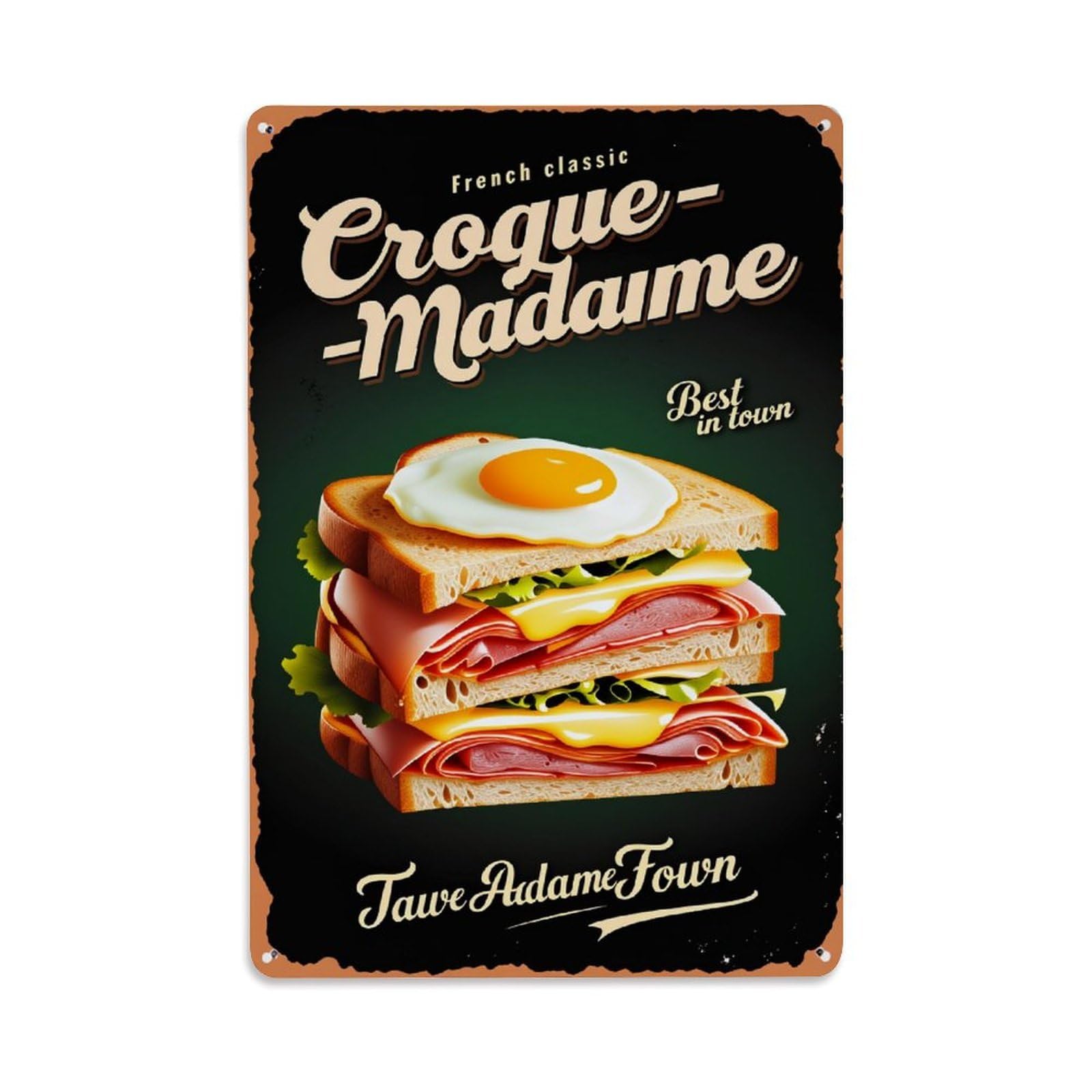 Croque Madame Sandwich With Egg And Ham Tin Sign Vintage Metal Poster Retro Bar, Home, Man Cave, Kitchen, Laundry Room Wall Art Decor Gift 8x12 Inch