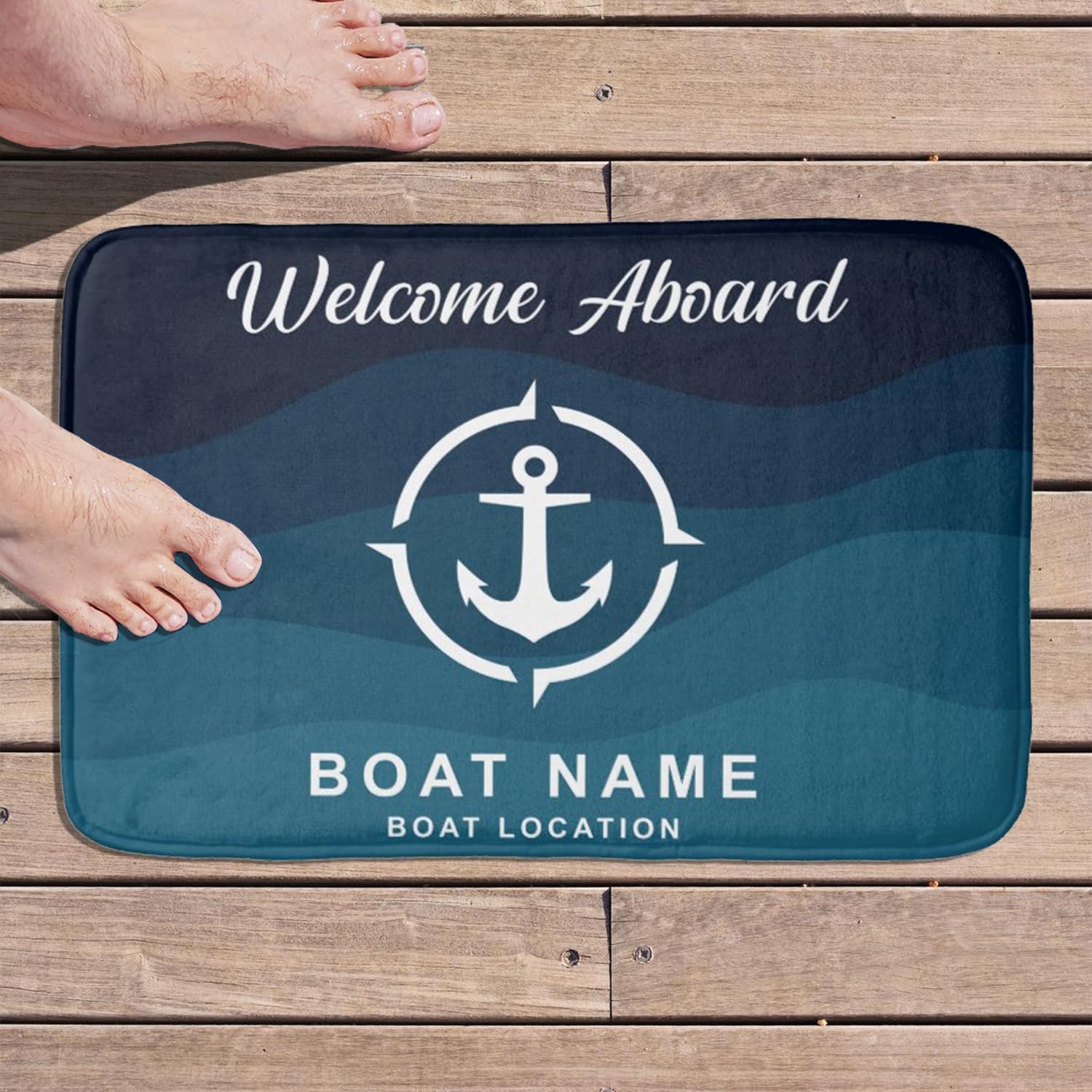 Personalized Welcome Aboard Boat Mat - Custom Name Anchor Door Mat, Customized Ship Rug, Non-Slip Entrance Floor Rug, Nautical Outdoor Lake House Mat,