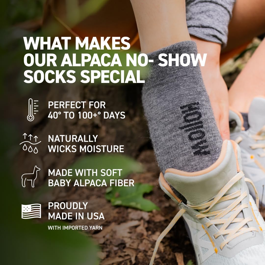 Alpaca No Show Socks for Men and Women, 2 Pack, Moisture Wicking Alpaca Socks for Hiking, Running, Outdoors, Any Season No Show Sock, Temperature Regulating, Light Compression, Medium, Grey