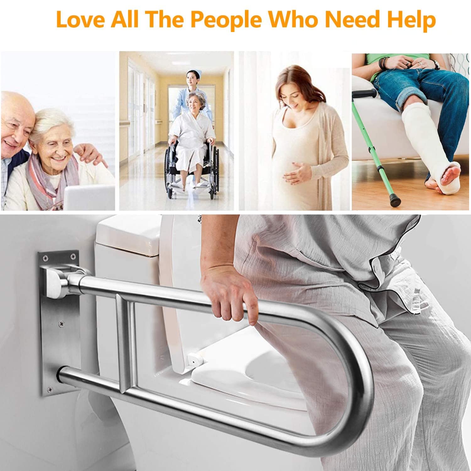 80cm Barra de Apoyo para Inodoro, Plegable Baño De La Barandilla Antideslizante Montaje en Pared Mango de Agarre para Inodoro para Ancianos Discapacitados y Mujer embarazada
