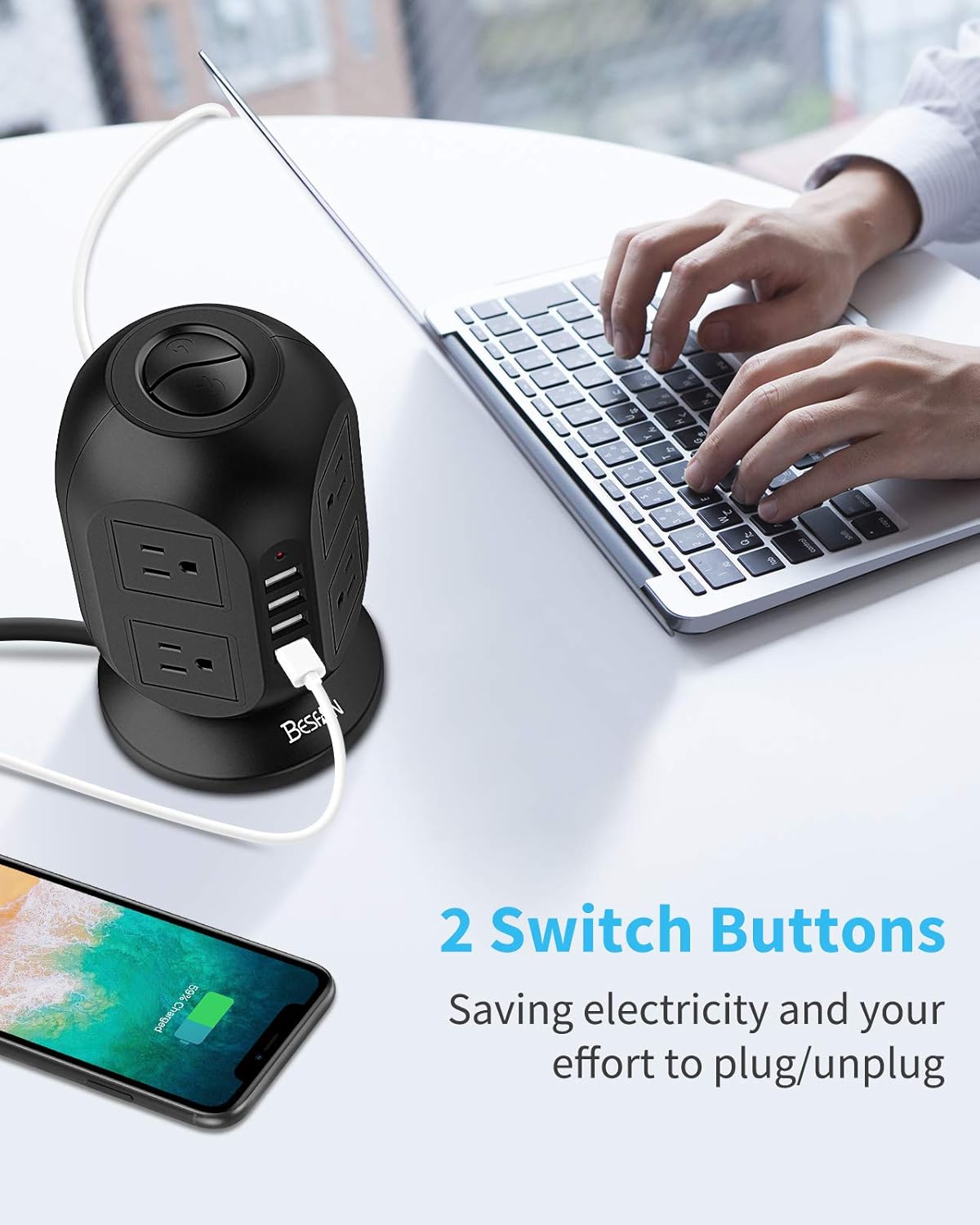 USB Power Strip Tower - BESFAN Surge Protector Black Extension Cord 10 FT with 8 AC Outlets and 4 USB Ports, Surge Protector Tower with 2 Switches, USB Charging Station with Overload Protection : Everything Else