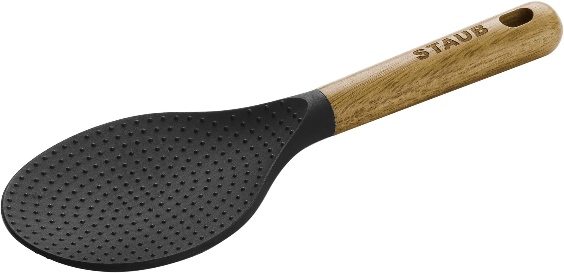 Rice Spoon, Perfect for Keeping Rice Fluffy While Scooping and Serving, Durable BPA-Free Matte Black Silicone, Acacia Wood Handles, Safe for Nonstick Cooking Surfaces, 8.75 x 3 x 0.75 inches