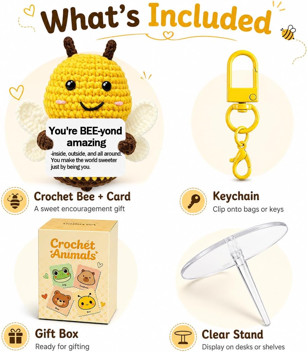 Mini Positive Crochet Bee Gift for Women Birthday with Inspirational Card