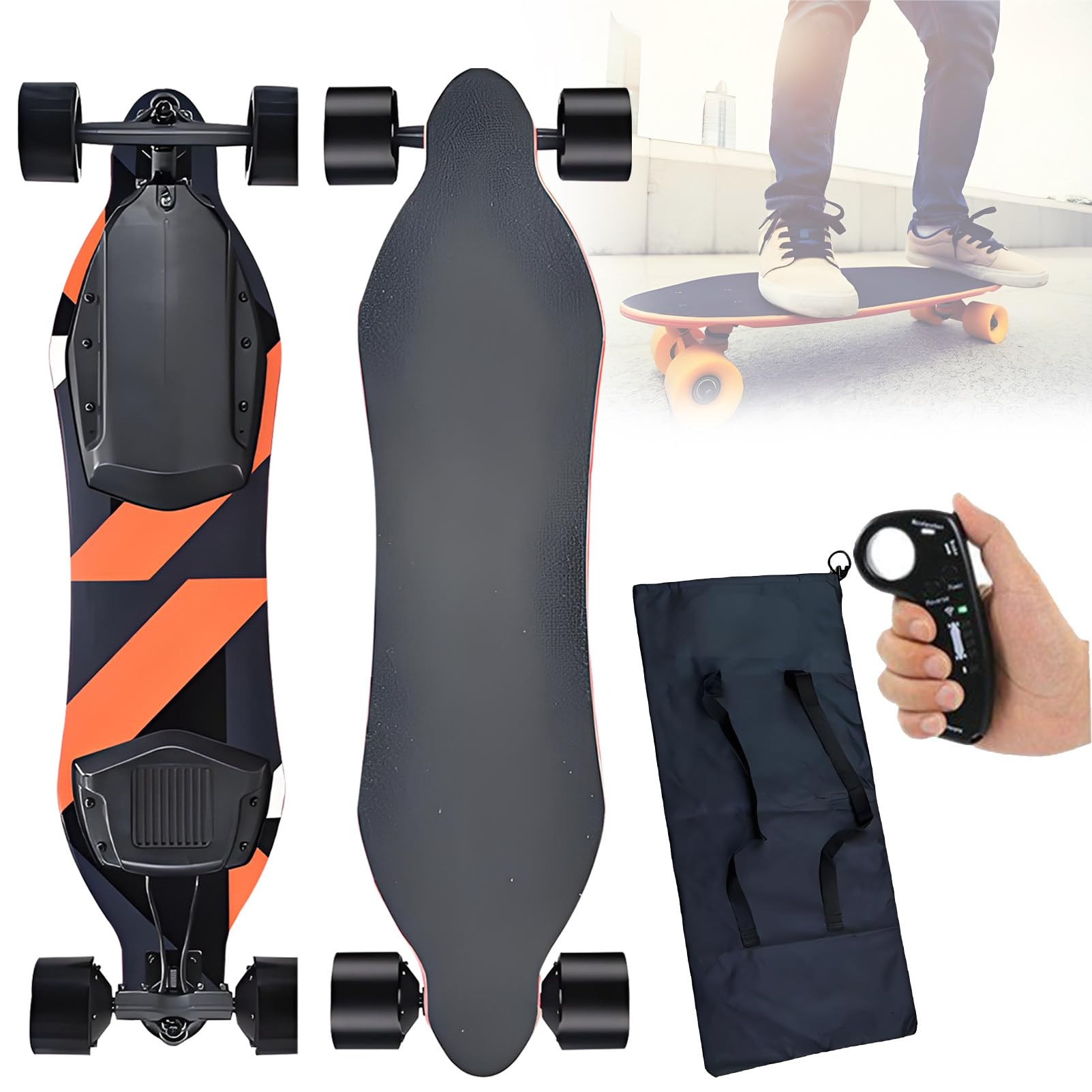 Skateboard Elettrico Longboard per Tutti i Terreni con Telecomando, Skateboard Elettrico Fuoristrada, velocità Massima 40 km/h, autonomia 40-50 km, per Campus e Città. Orange