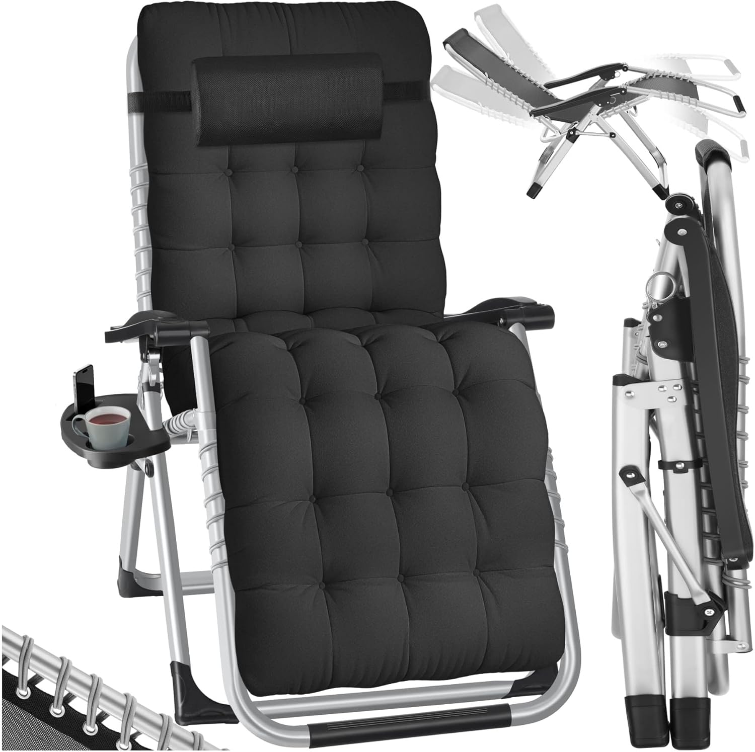 tectake® Sdraio da Giardino, Sdraio Lettino Prendisole Richiudibile, Sdraio Mare con Cuscino Poggiatesta, Tessuto Traspirante, Schienale con Regolazione Continua, Ripiano Portaoggetti - Nero