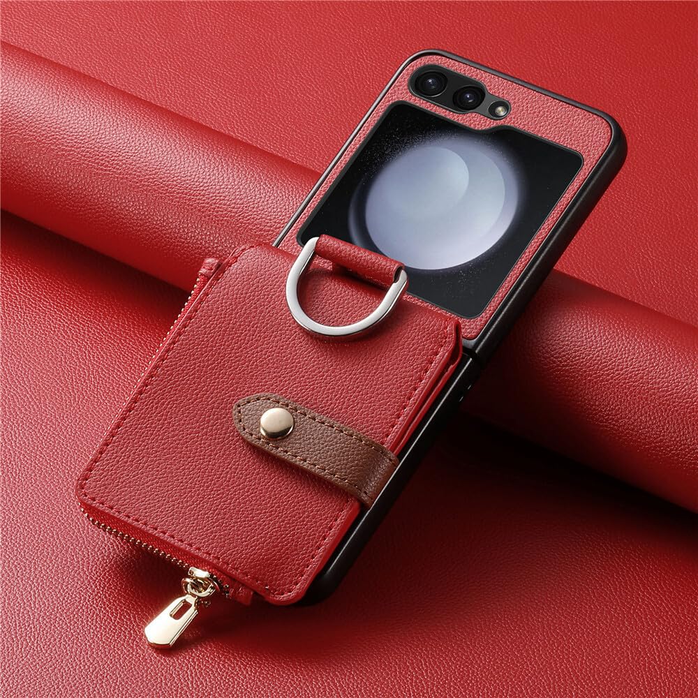 Funda genérica compatible con Samsung Galaxy Z Flip 4 (color: rojo) Funda rígida de piel con cierre de bolsillo, con cierre de bolsillo, tarjeta, parte trasera
