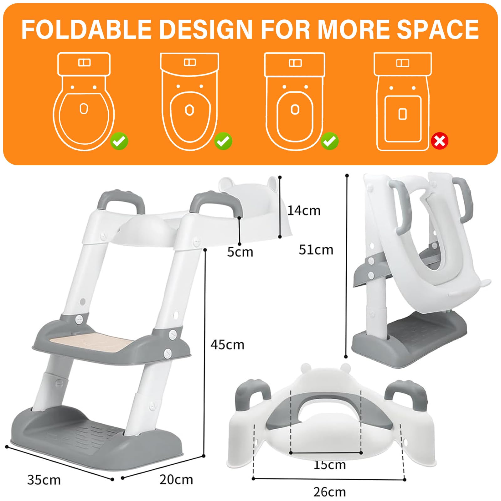 Riduttore WC Bambini, Scaletta WC per Bambini Pieghevole, Vasino Bambini con Scaletta, 2 in 1 Sedile WC con PU Morbida Seduta Adatto per Imbottita maschi e femmine Tazze WC a V, U, O (Grigio)
