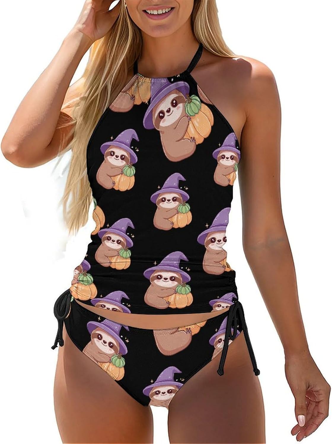 Sloth Witch Pumpkins Women Tankini 2 Piece Swim Bathing Suits | tummy control,high neck top with bottom,swimwear,swimsuits