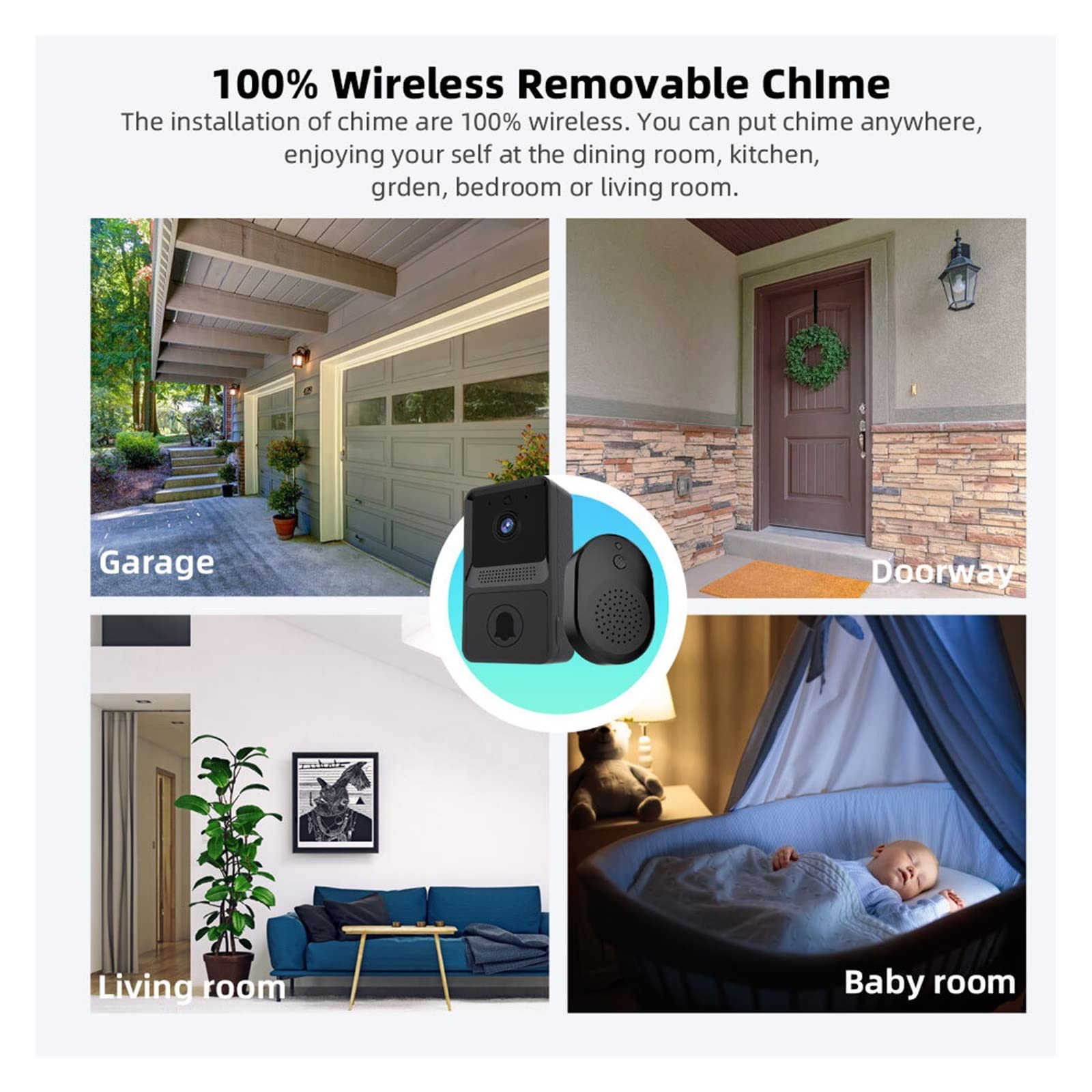 Sonnette sans Fil avec Camera, Interphone sonnette caméra extérieure sans fil sonnette de porte alimenté par batterie sécurité à domicile alarme vidéo sonnette moniteur caméra ,Maison Intelligente