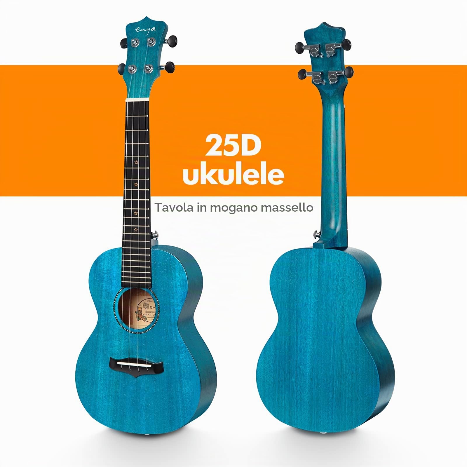 Ukulele Concerto Enya EUC-25D BU 23 pollici blu ukelele con top in mogano massiccio, borsa imbottita, accordatore, tracolla, capotasto, corde di scorta, plettri, panno per la pulizia, fingershaker