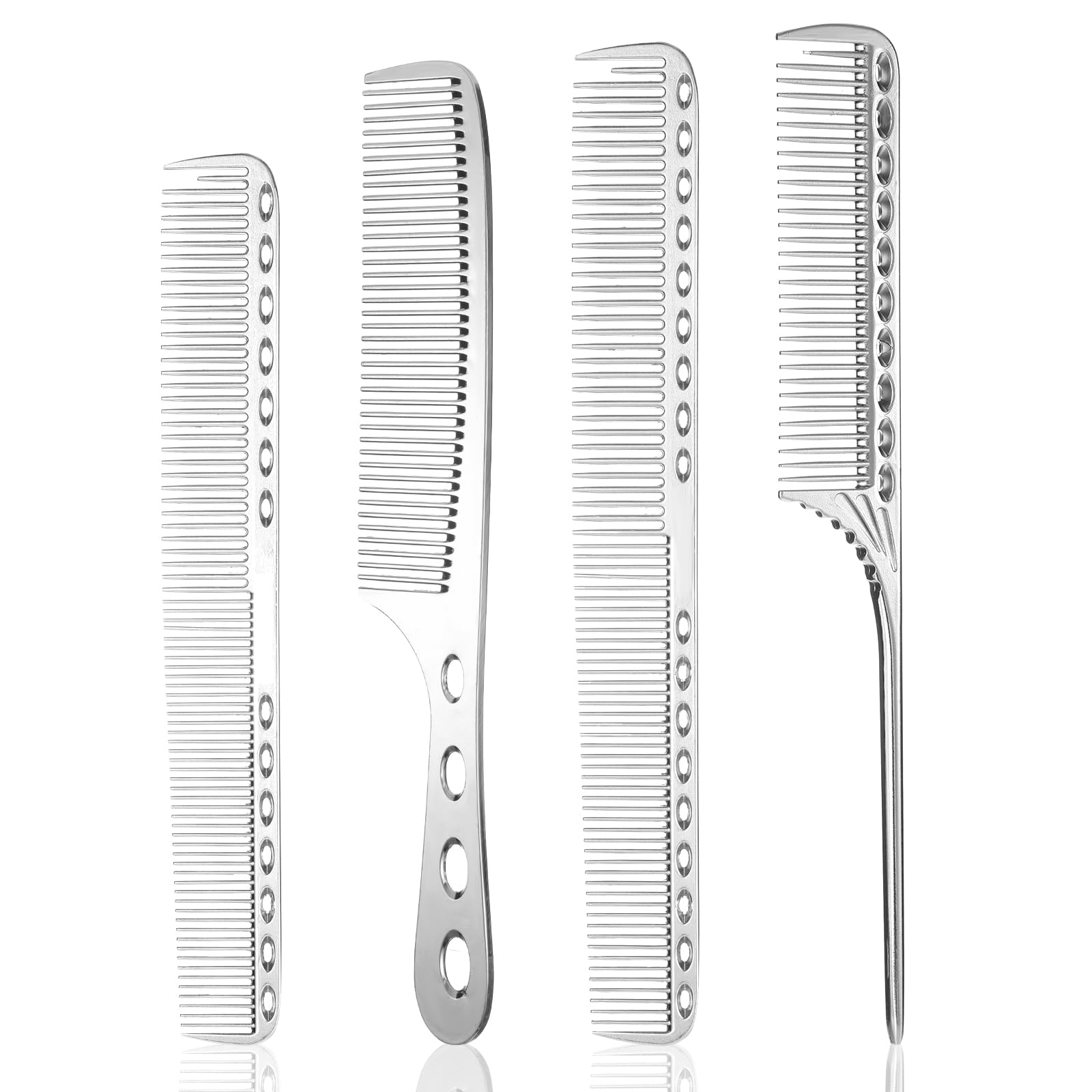4 Types Metal Combs Professional Aluminum Dressing Comb for Hair Styling,Included Hair Cutting Comb,Metal Rat Tail Comb,Detangling Comb,Handle Comb for Women Men Barber Supplies Silver