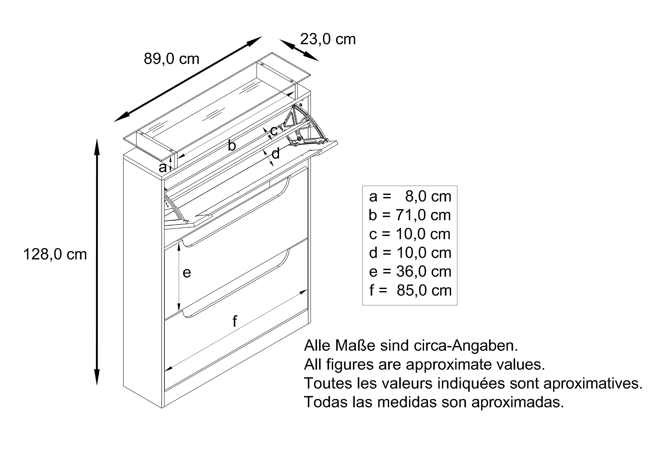 Vladon Zapatero Space, Armario para Zapatos para 24 Pares de Zapatos con 3 Puertas abatibles y Estante de Cristal, Blanco Mate/Blanco de Alto Brillo (89 x 128 x 23 cm)