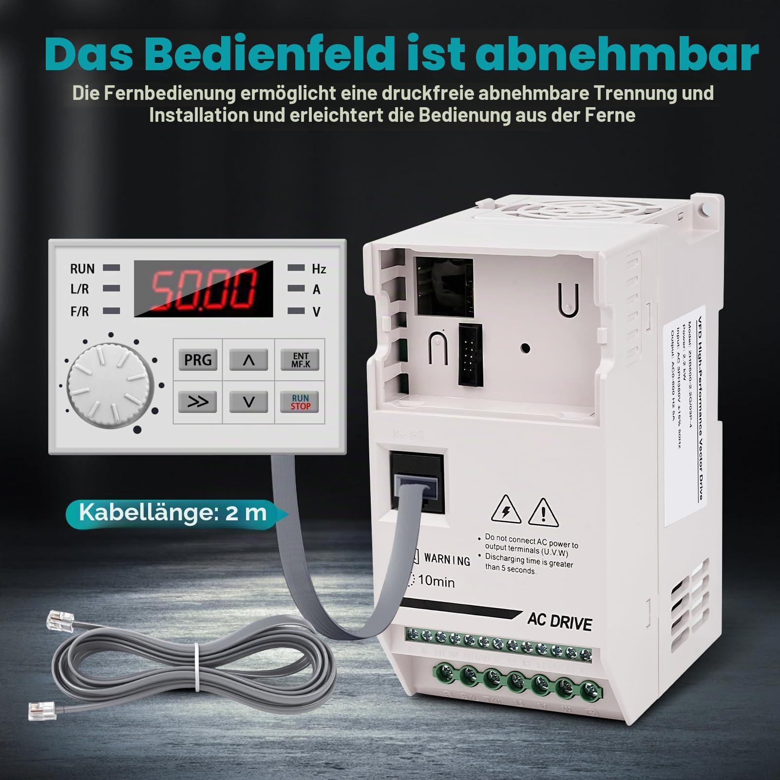 Frequenzumrichter 380V 2.2KW 3 phasen Eingang 3 phasen Ausgangs 380V frequenzumrichter VFD Motor drehzahlregler CNC Antriebsumrichter ZHB600-2.2KW mit 2m Verlängerungskabel