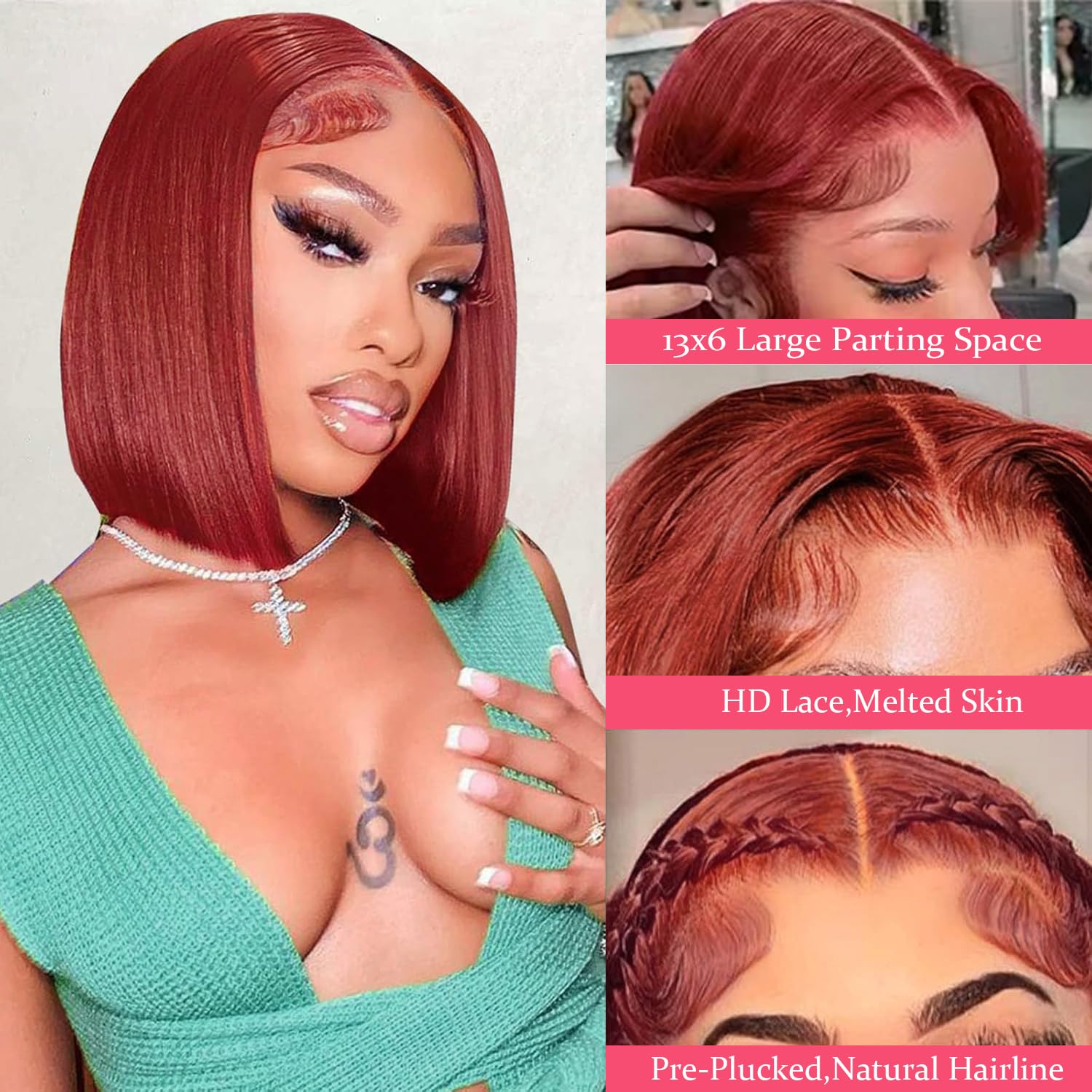 16Inch 13x4 Lace Front Bob Wig Light Blue Human hair 180% Density Brazilian Hair Pre Plucked With Baby Hair HD Transparent Lace Frontal Wig Bleached Knots Straight Glueless Blue Bob Wigs for Women: 10 Inch #0-13x6 Lace Frontal Reddish Brown