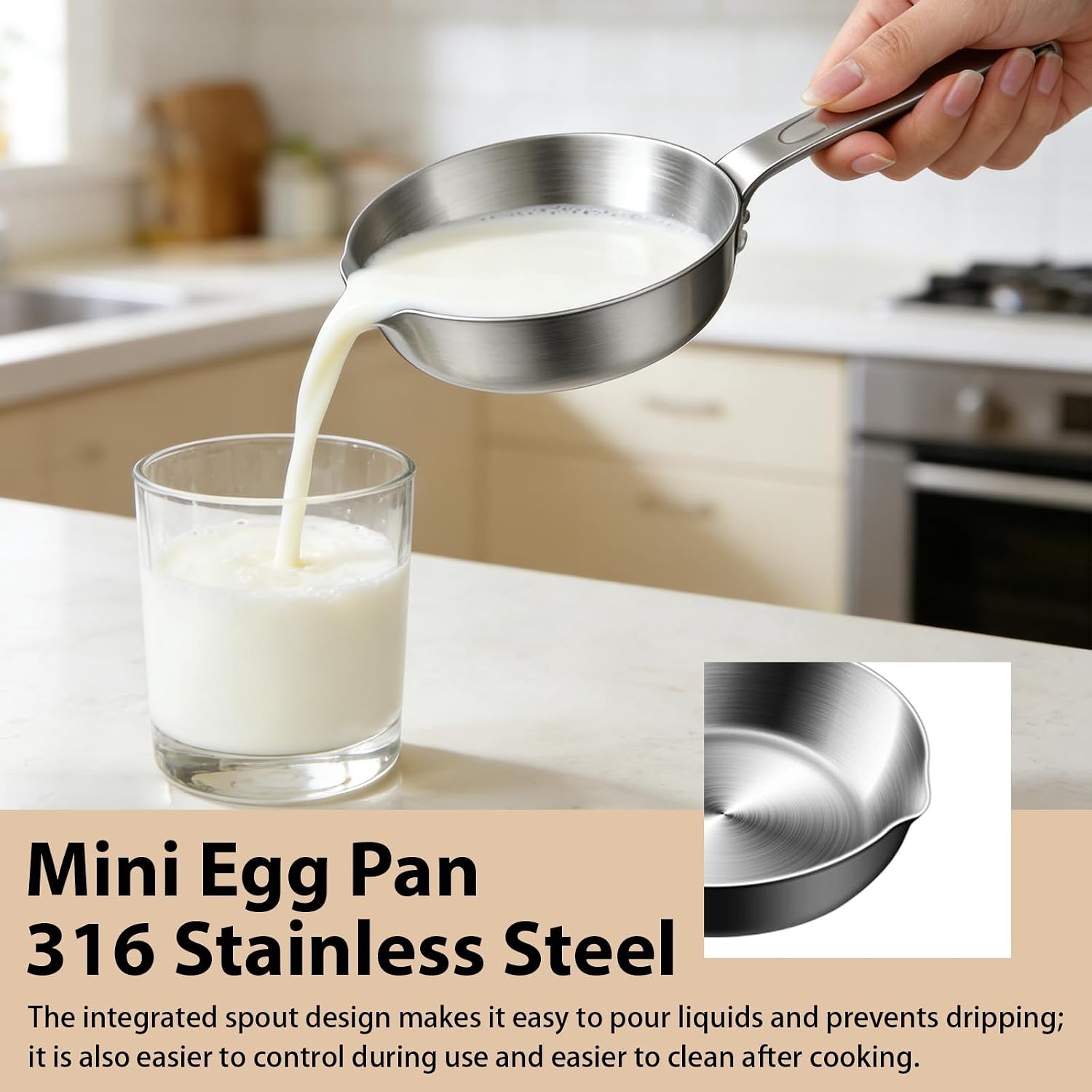 Mini Egg Pan 316 Stainless Steel,Omelet Skillet With Spout, Compact Sauce Pan with Multi-Layer Bottom for Butter Melting,Induction Gas Compatible,Small Frying (M)