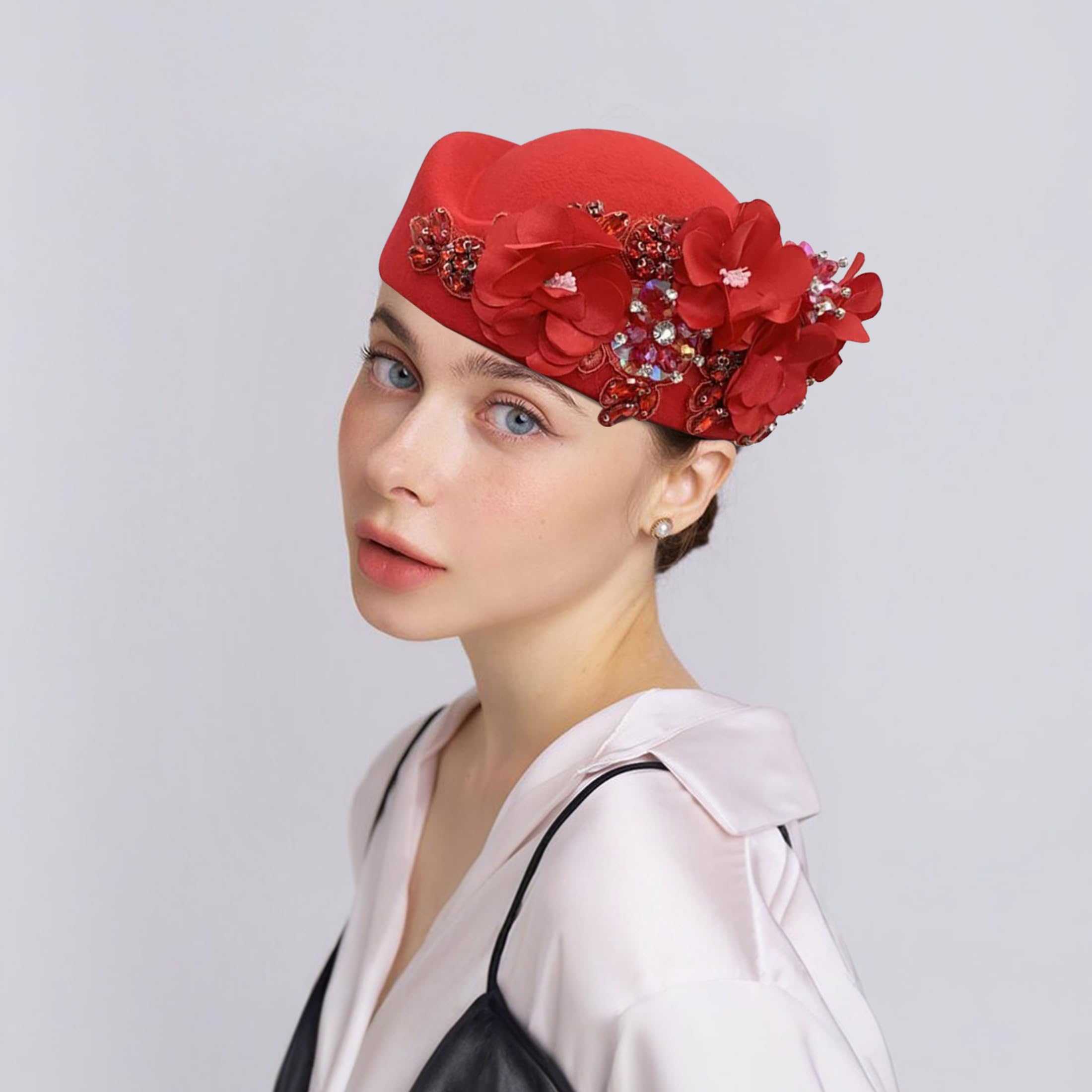 European and American Retro British Felt Headscarf hat Women's Church Derby Headdress with Floral Women's Soft Beret (Red)