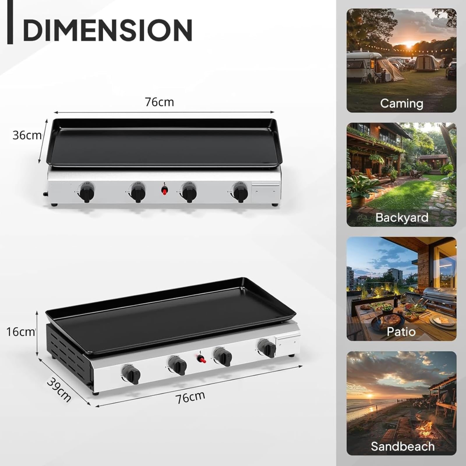 LEADZM Gasgrill, 4 Brennner 9.6KW - Ausgestattet mit einem 50-Mbar-Druckminderventil, Tischgrill für Camping, Garten & Strand