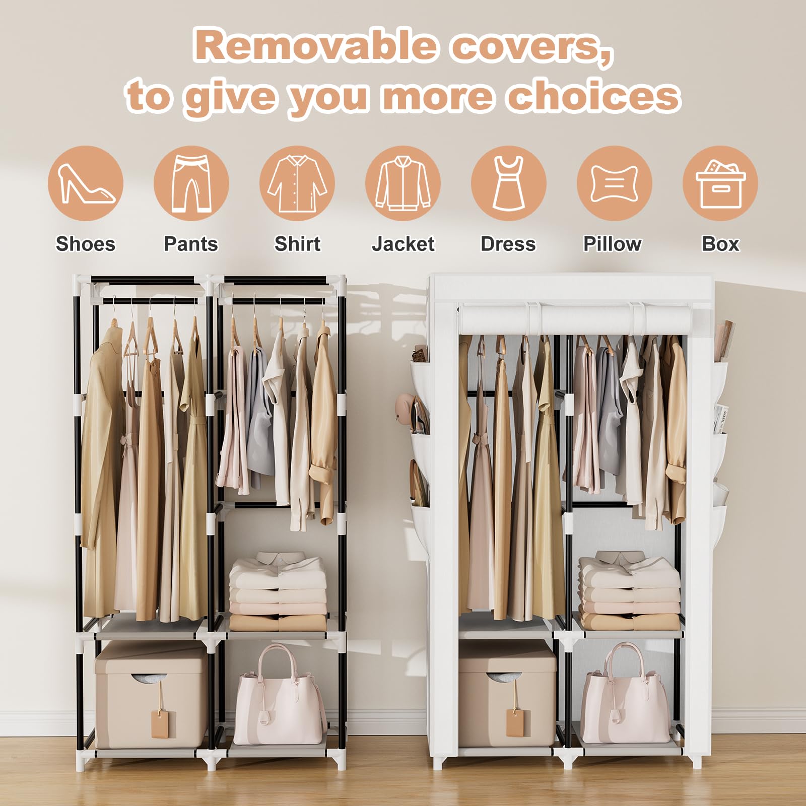 Vicye Armario De Tela, Ropero Portátil para Ropa con 2 Barras Colgantes, 4 Estantes Y 6 Bolsillos Laterales, Armario Portatil Ideal para Dormitorio, Vestidor, Salón, Blanco (90 x 45.5 x 172 cm)