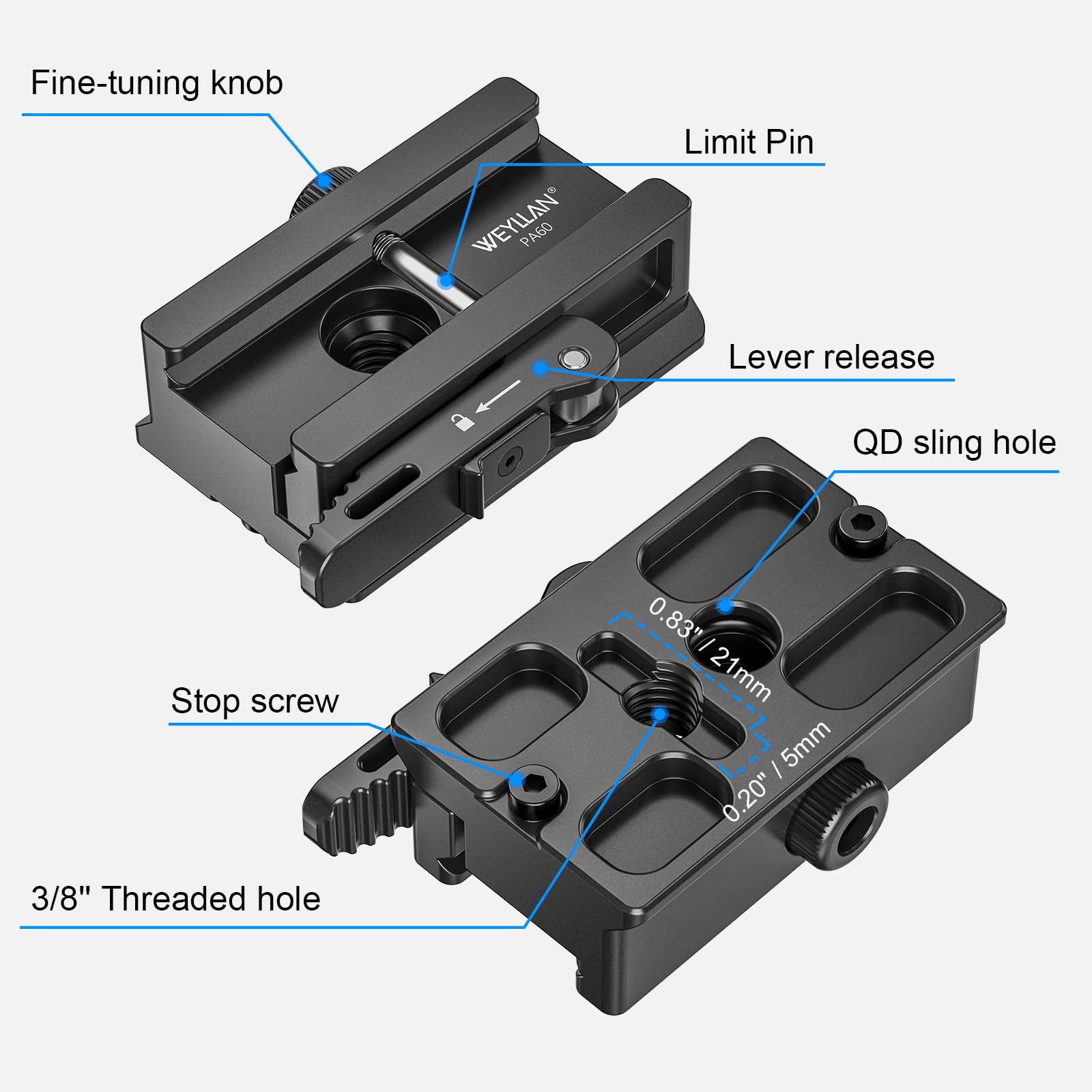 WEYLLAN ARCA to Picatinny Adapter con Leva di Rilascio, Picatinny to Arca Adapter, Con Attacco a Coda di Rondine Standard Arca Swiss e Foro di Montaggio per Cinghia QD, Compatibile con Testa a Sfera